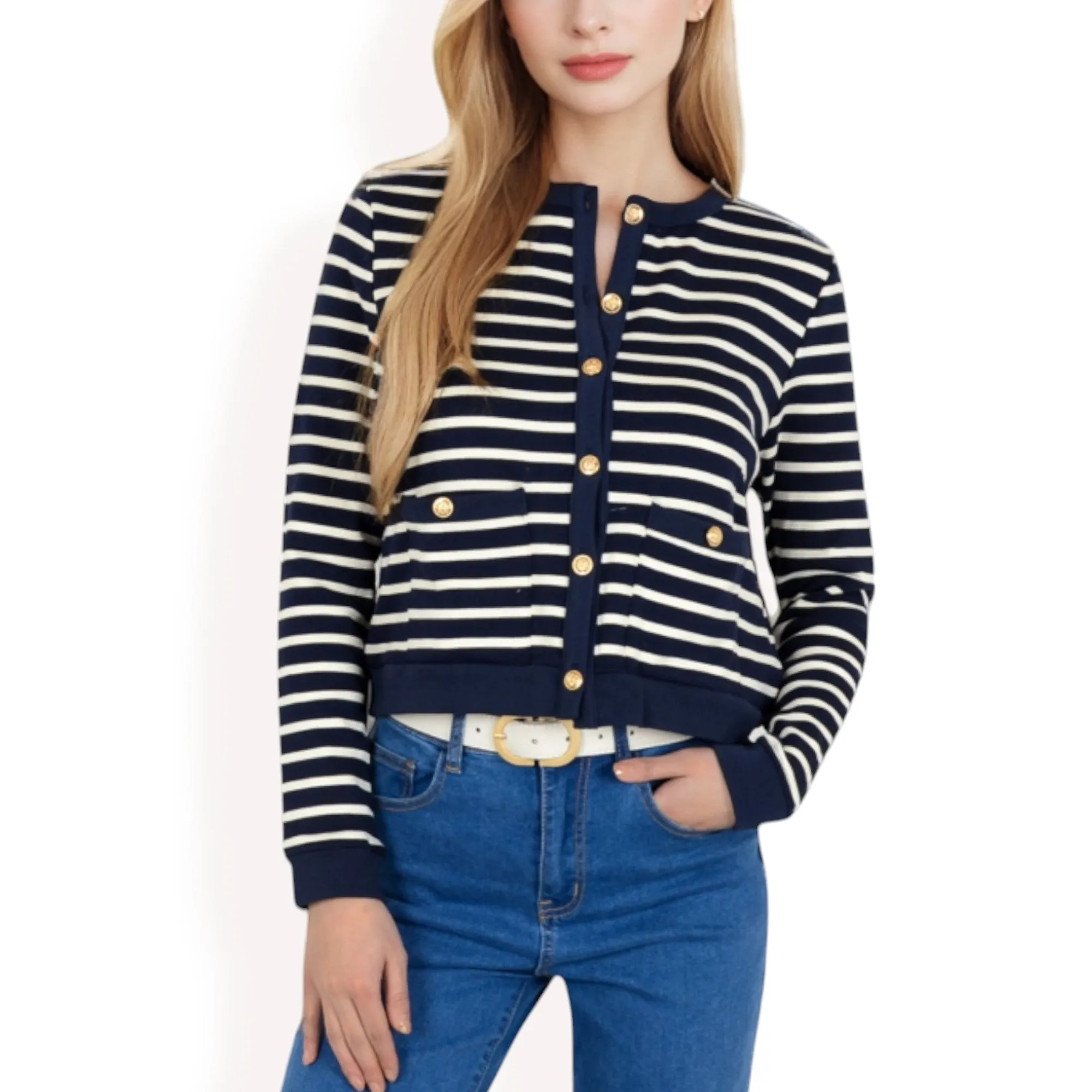 Anna-Kaci Women's Striped Button-Up Cardigan with Pocket Detail