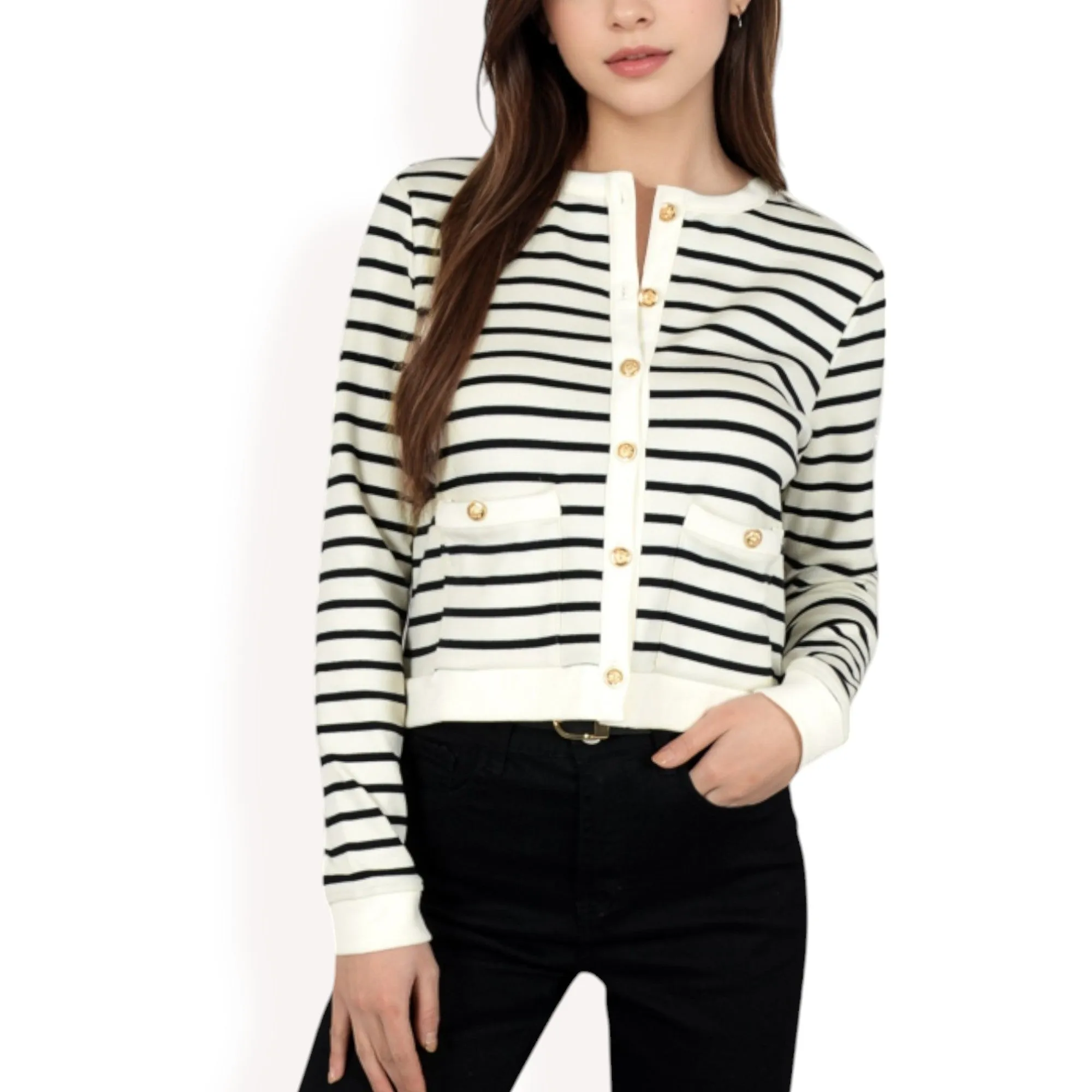 Anna-Kaci Women's Striped Button-Up Cardigan with Pocket Detail