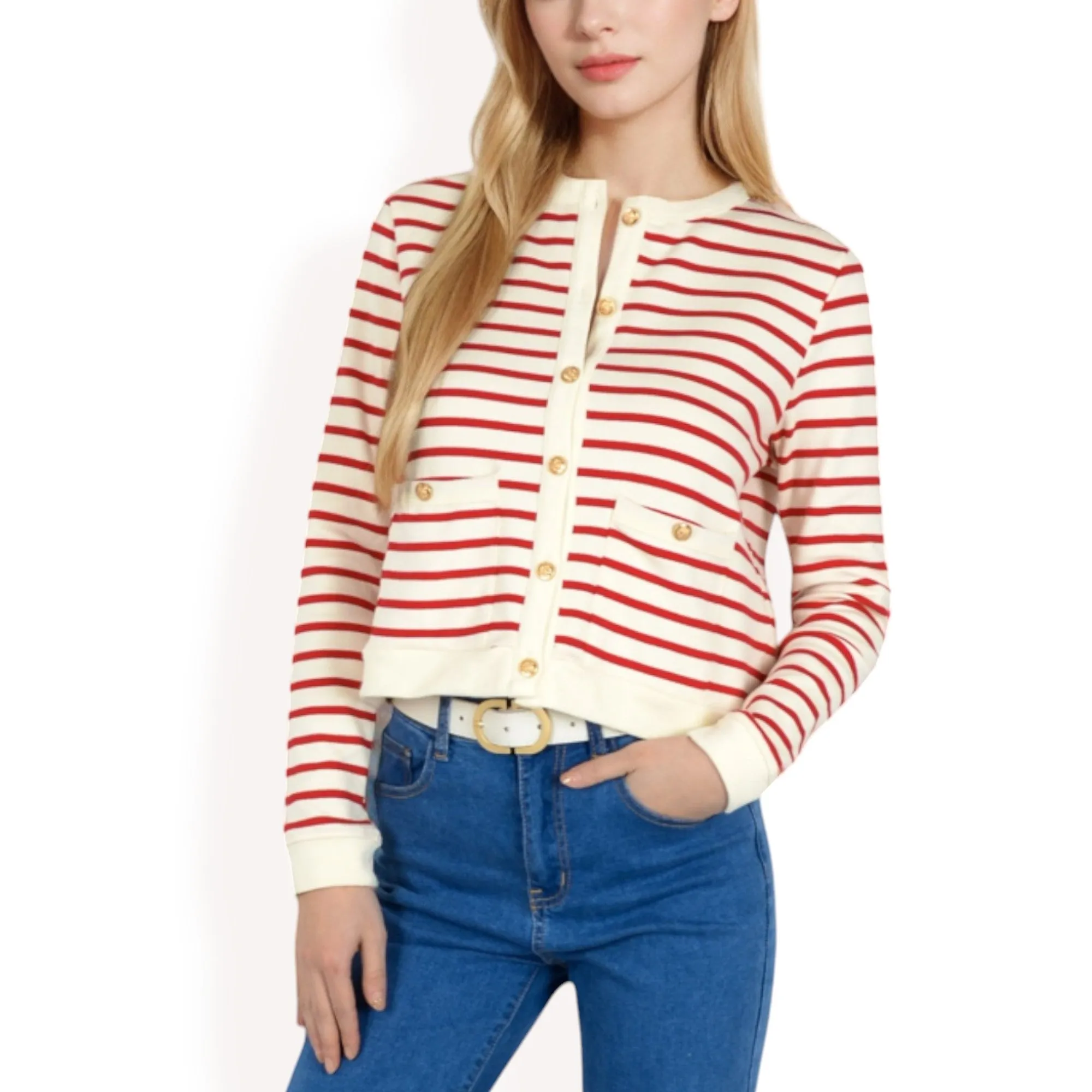 Anna-Kaci Women's Striped Button-Up Cardigan with Pocket Detail