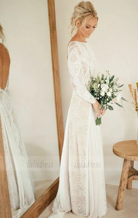 Backless Wedding Dresses,Lace Wedding Dress,Wedding Dress with Sleeves,Rustic Bridal Dress