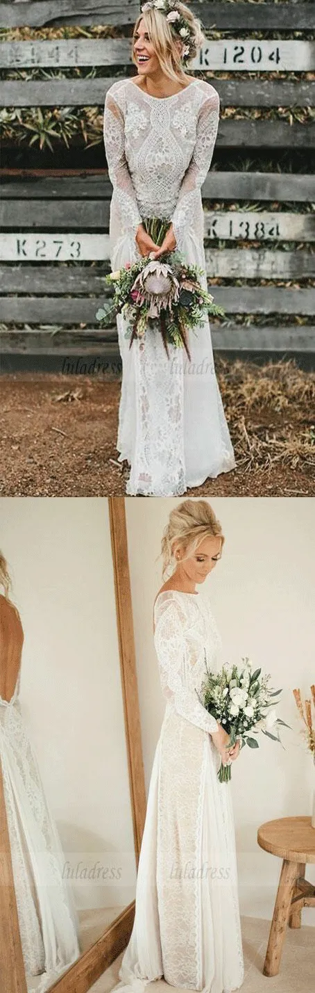 Backless Wedding Dresses,Lace Wedding Dress,Wedding Dress with Sleeves,Rustic Bridal Dress