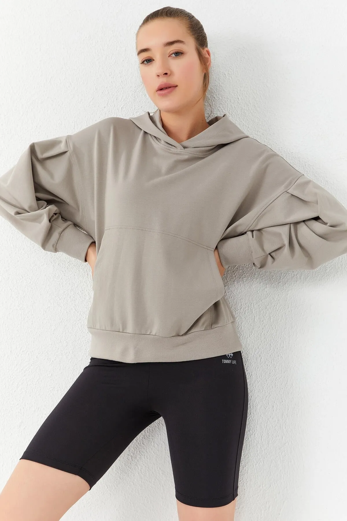 balon kol kapüşonlu kadin oversize sweatshirt - 97156