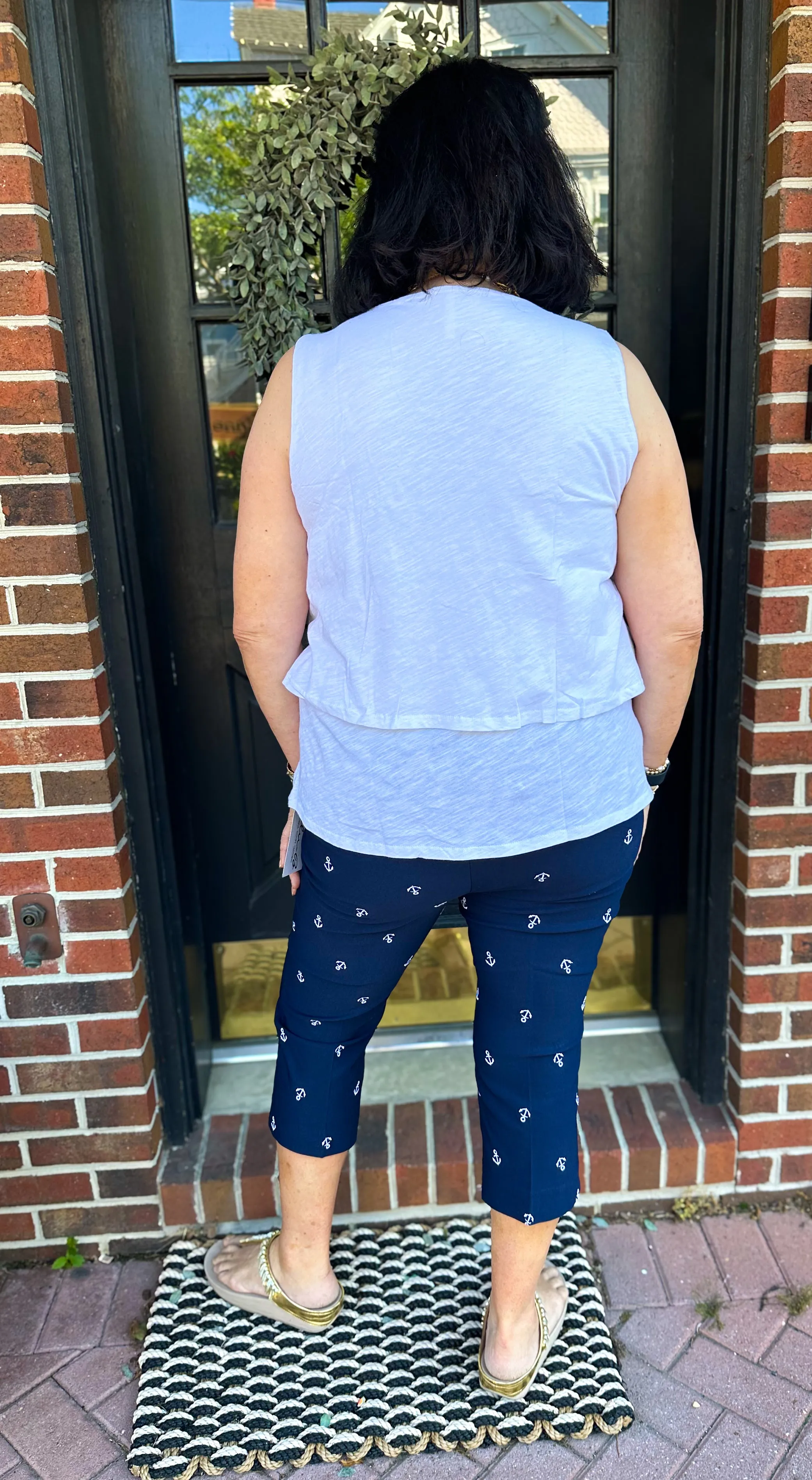 Bangladine by Lulu B White and Navy Anchor Pull On Capris