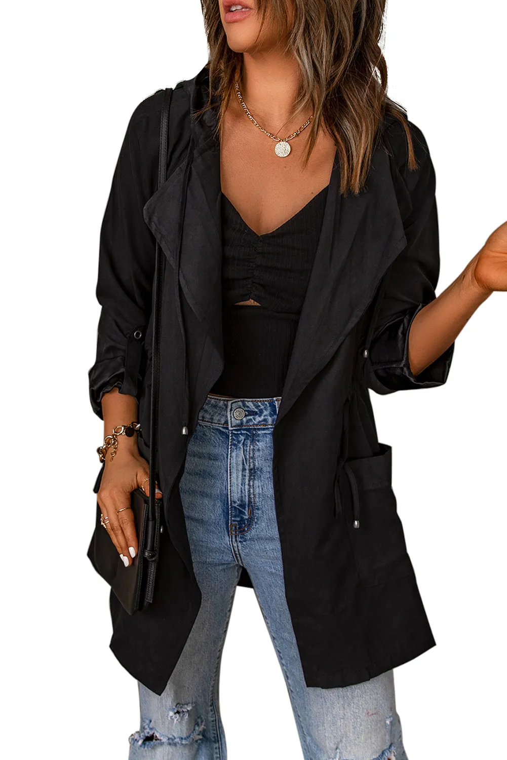 Black Drawstring Turndown Collar Hooded Outerwear