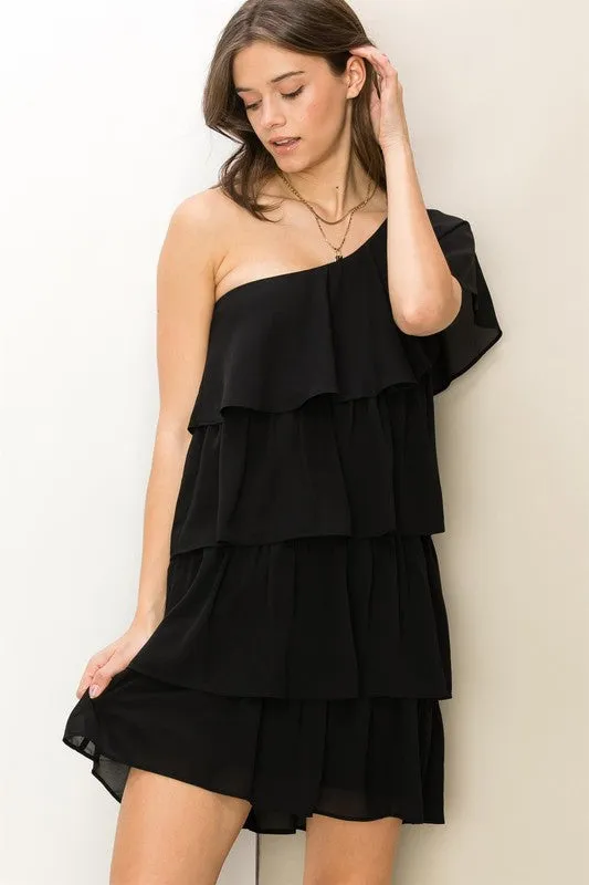 Black Romantic Flair One-Shoulder Ruffled Mini Dress