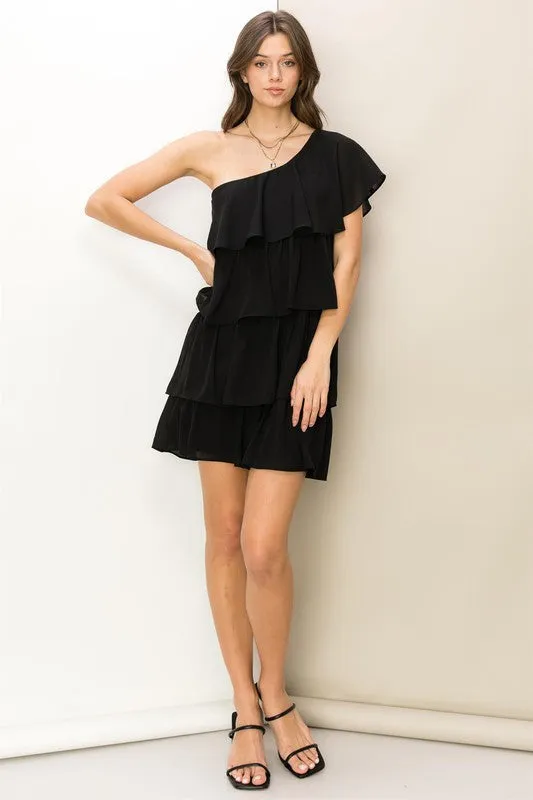 Black Romantic Flair One-Shoulder Ruffled Mini Dress