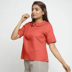 Brick Red Cotton Essential Peter Pan Collar Top