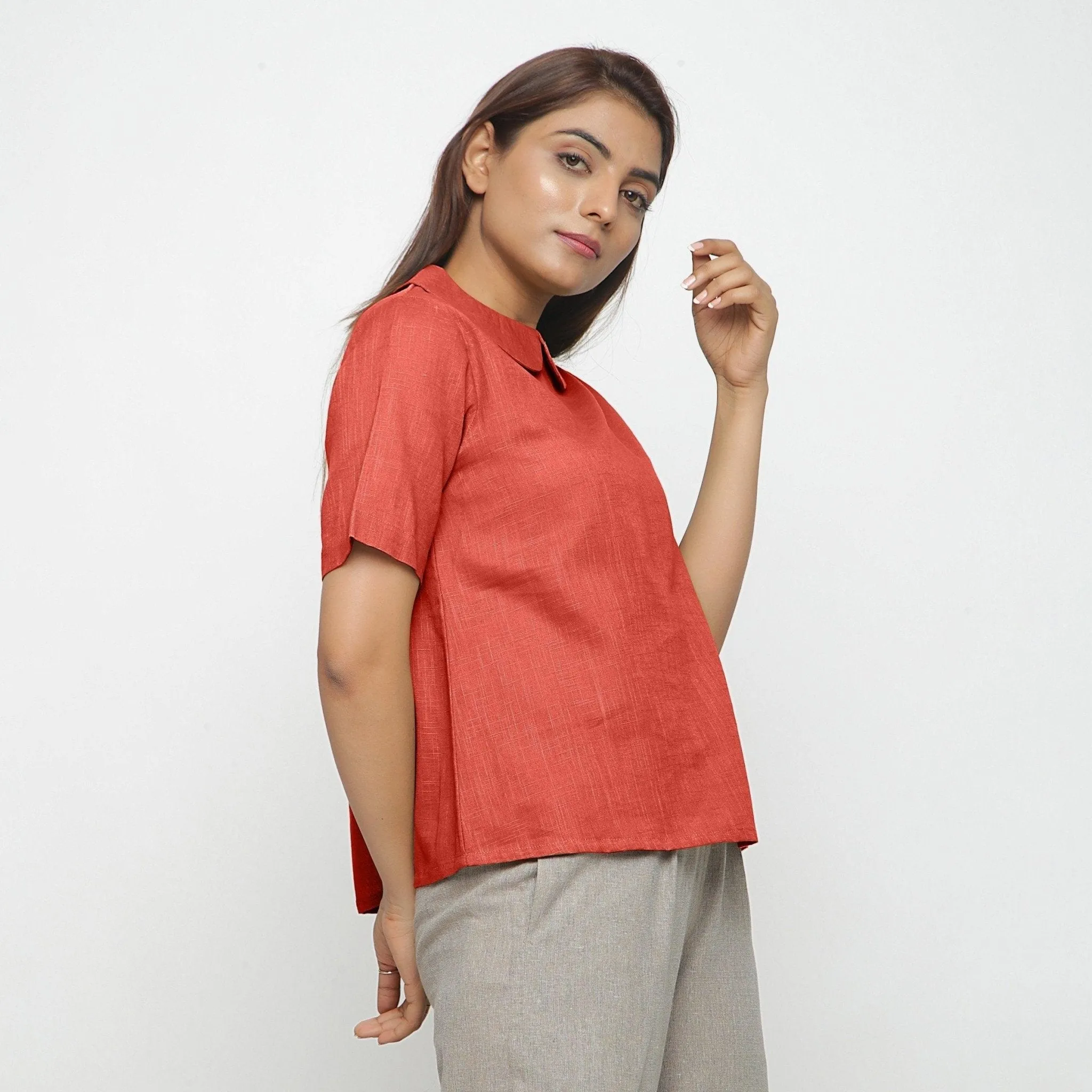 Brick Red Cotton Essential Peter Pan Collar Top