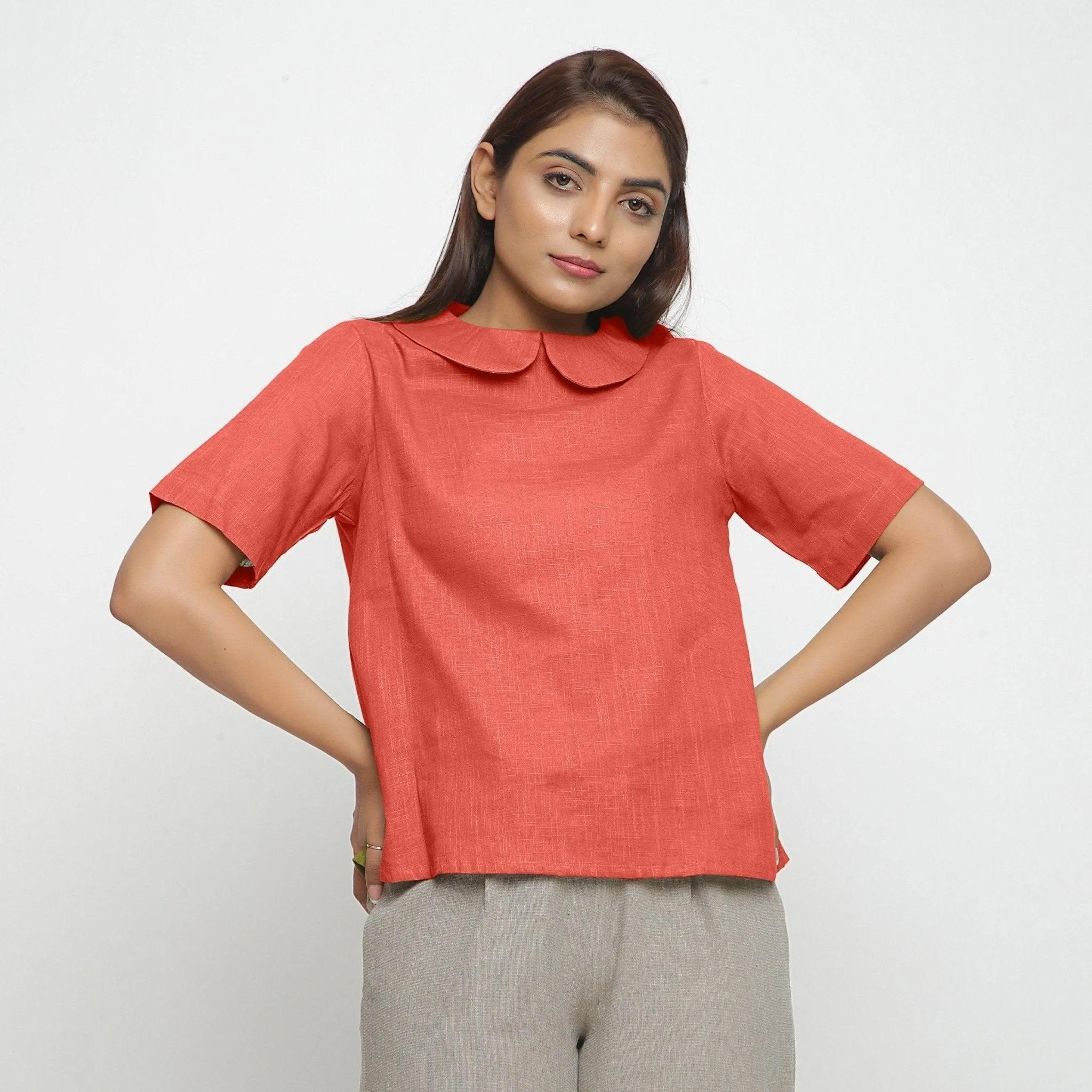 Brick Red Cotton Essential Peter Pan Collar Top