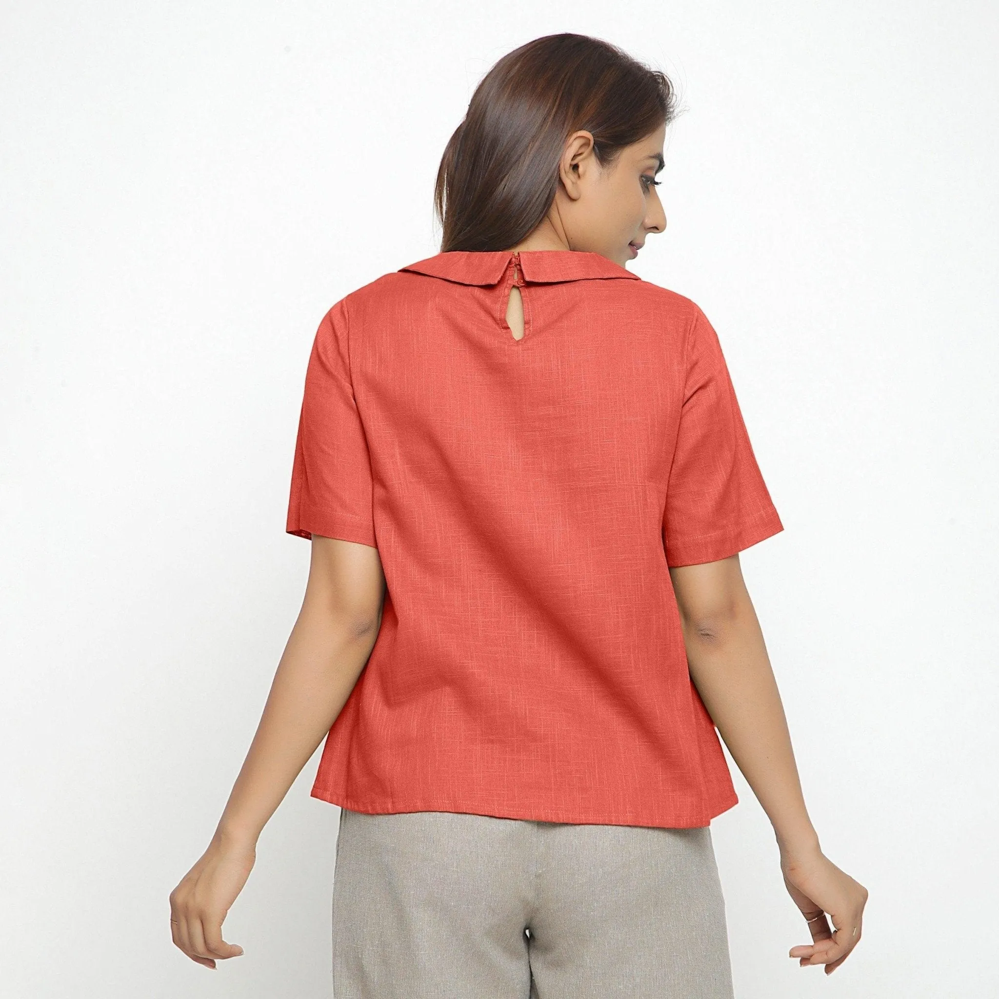 Brick Red Cotton Essential Peter Pan Collar Top