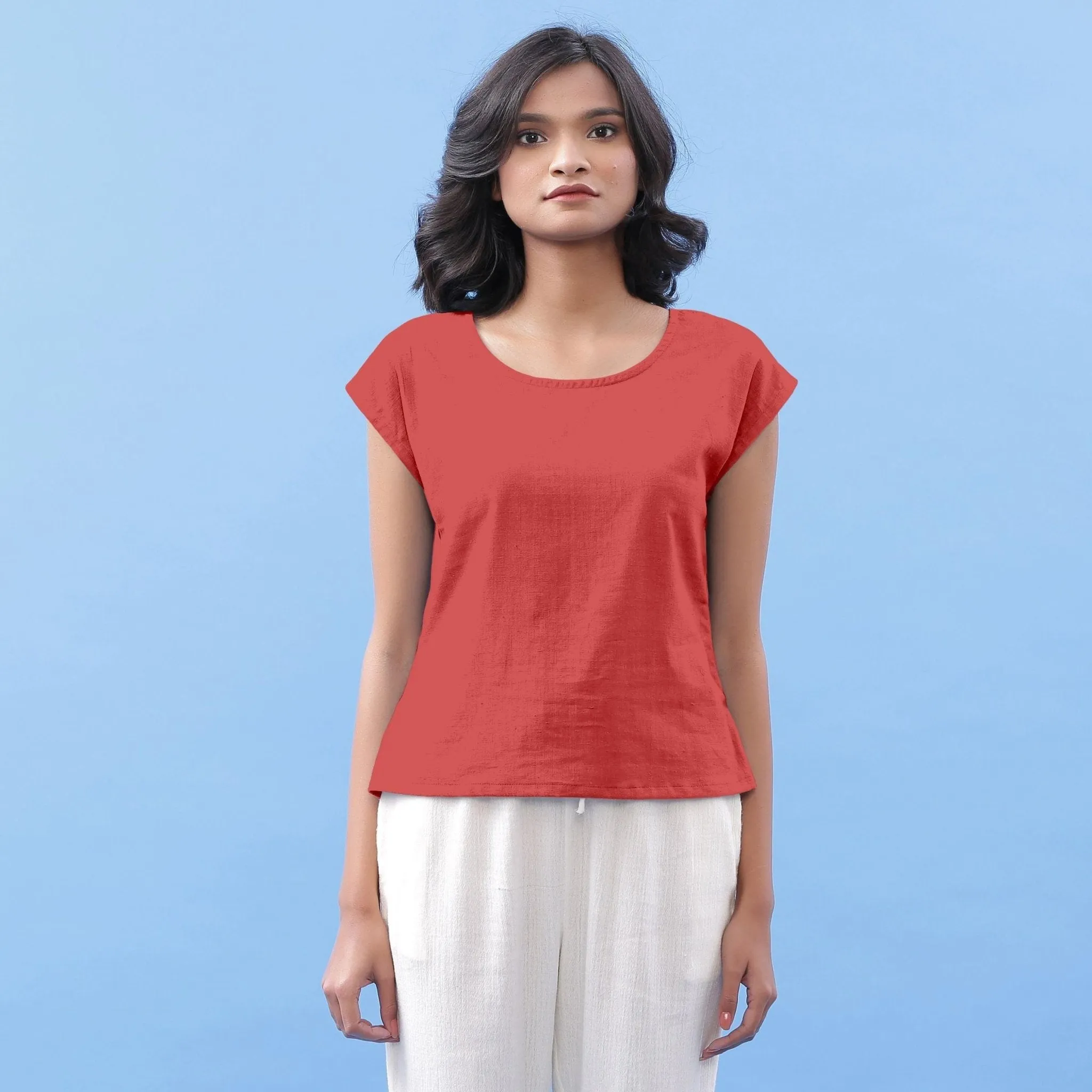 Brick Red Vegetable Dyed Cotton Round Neck Essential Top