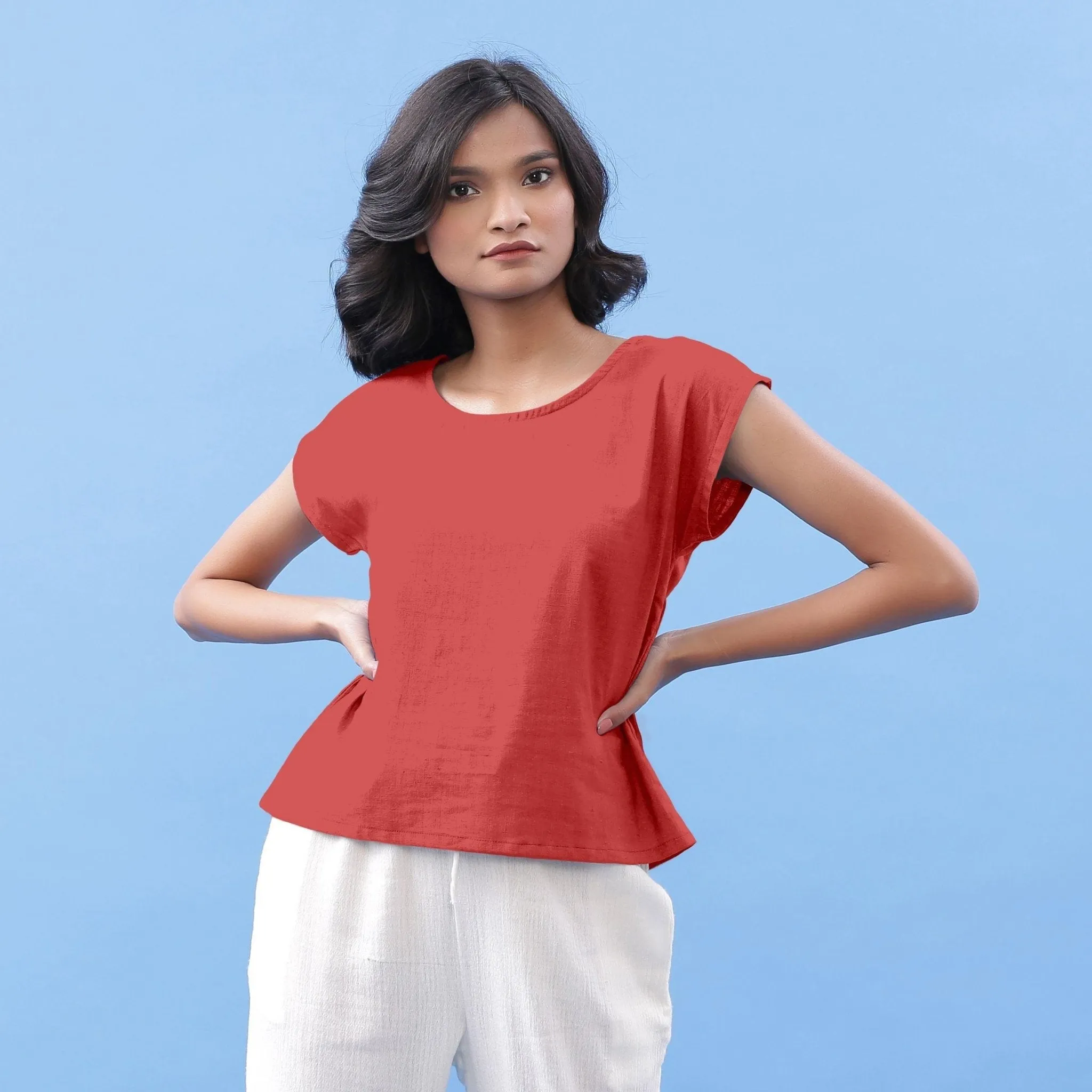 Brick Red Vegetable Dyed Cotton Round Neck Essential Top