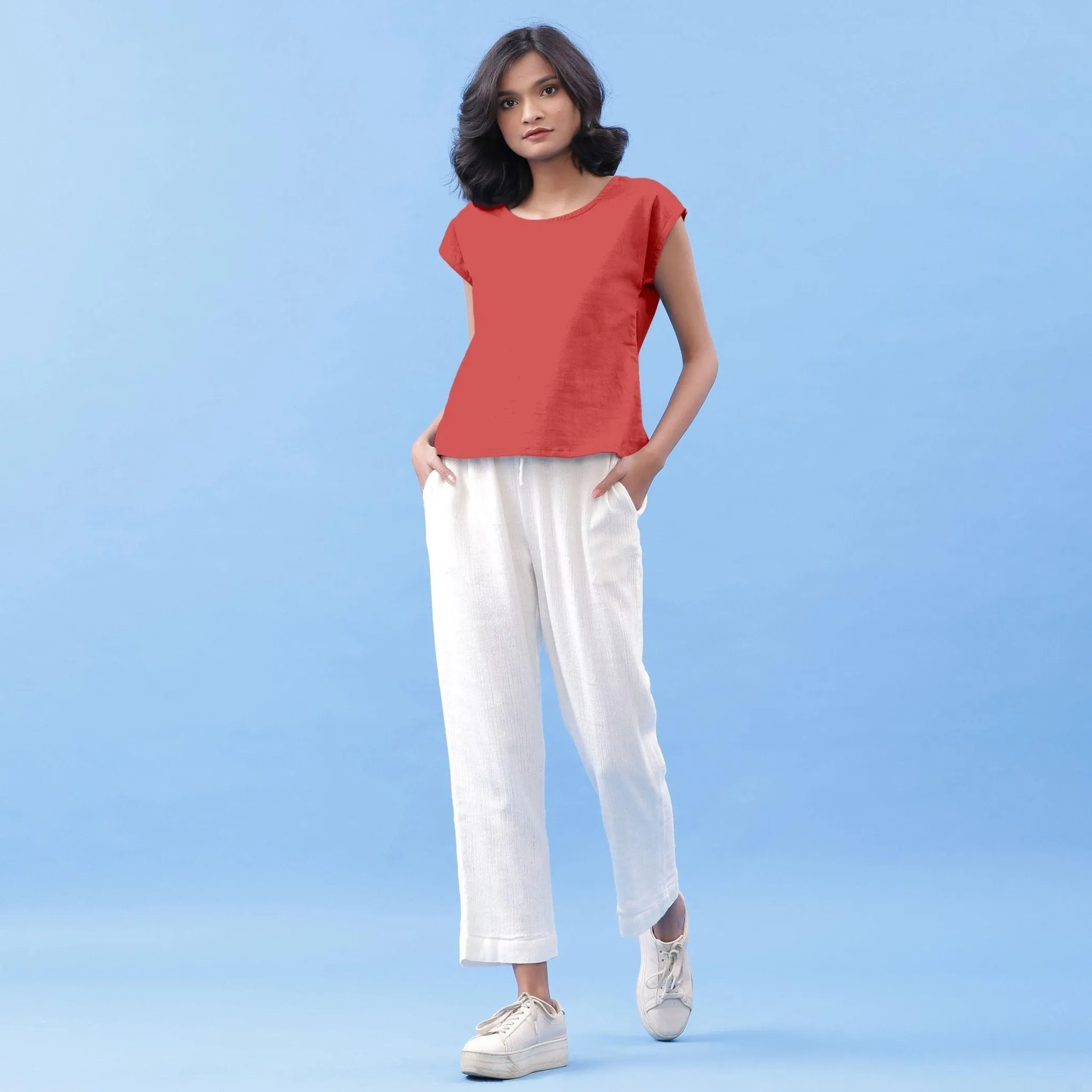 Brick Red Vegetable Dyed Cotton Round Neck Essential Top