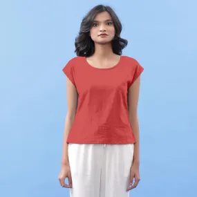 Brick Red Vegetable Dyed Cotton Round Neck Essential Top