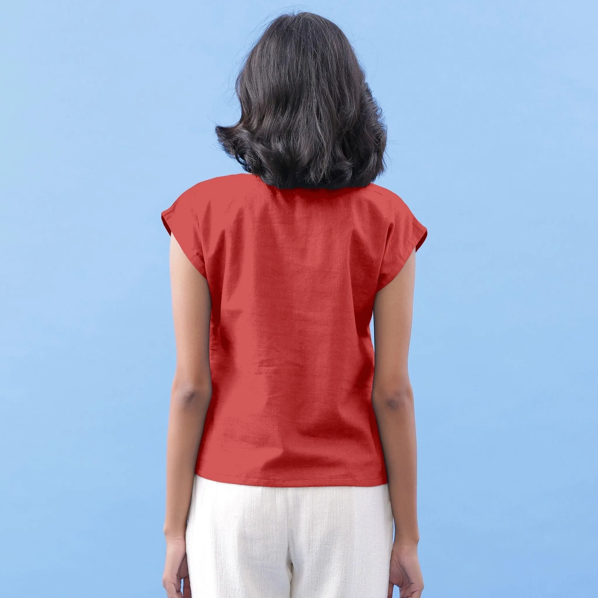 Brick Red Vegetable Dyed Cotton Round Neck Essential Top