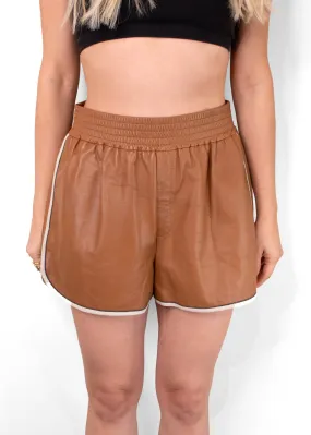 Brunello Cucinelli Glove Leather Pull-On Track Shorts w/ Monili Trim