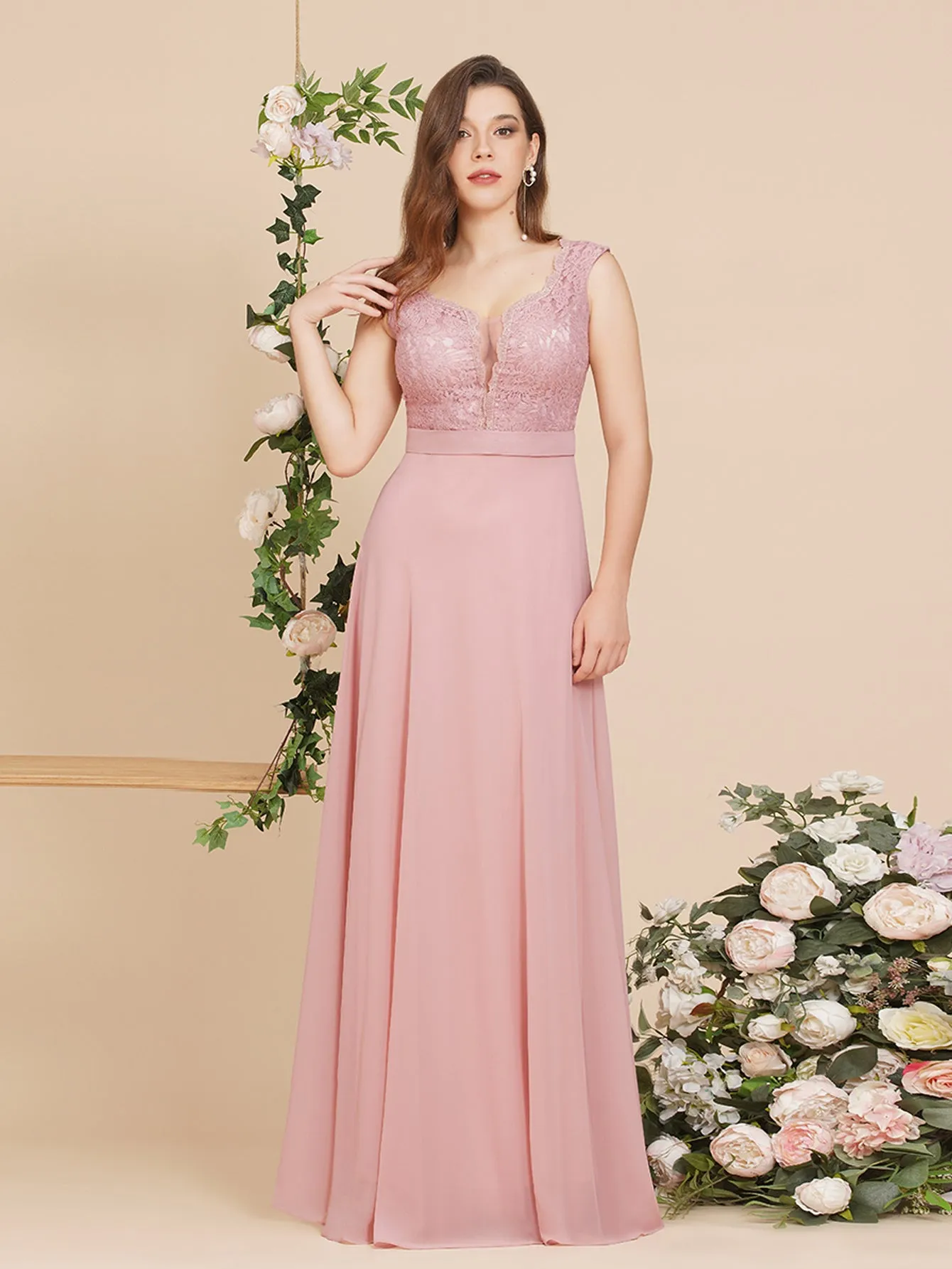 Charming Long A Line Floral Lace Floor Length Sleeveless Chiffon Bridesmaid Dress