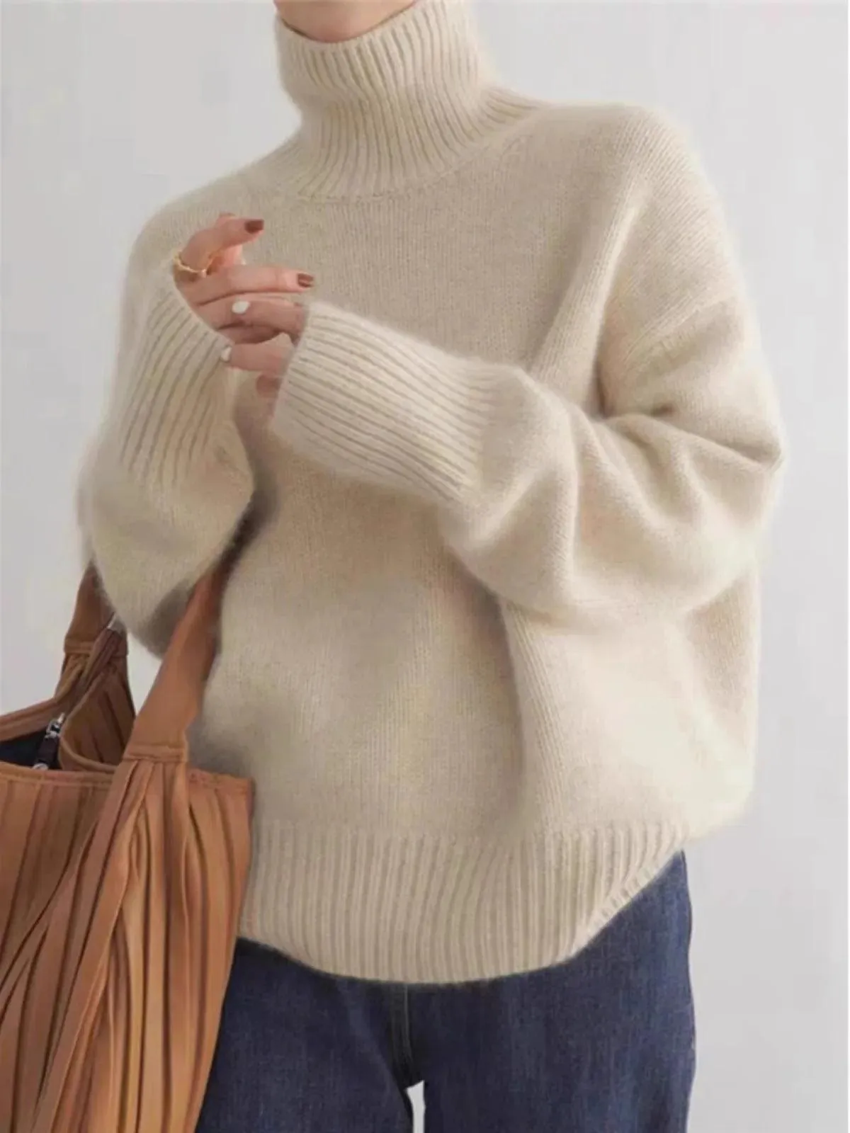 Chic High Neck Cashmere Knit Sweater for Women