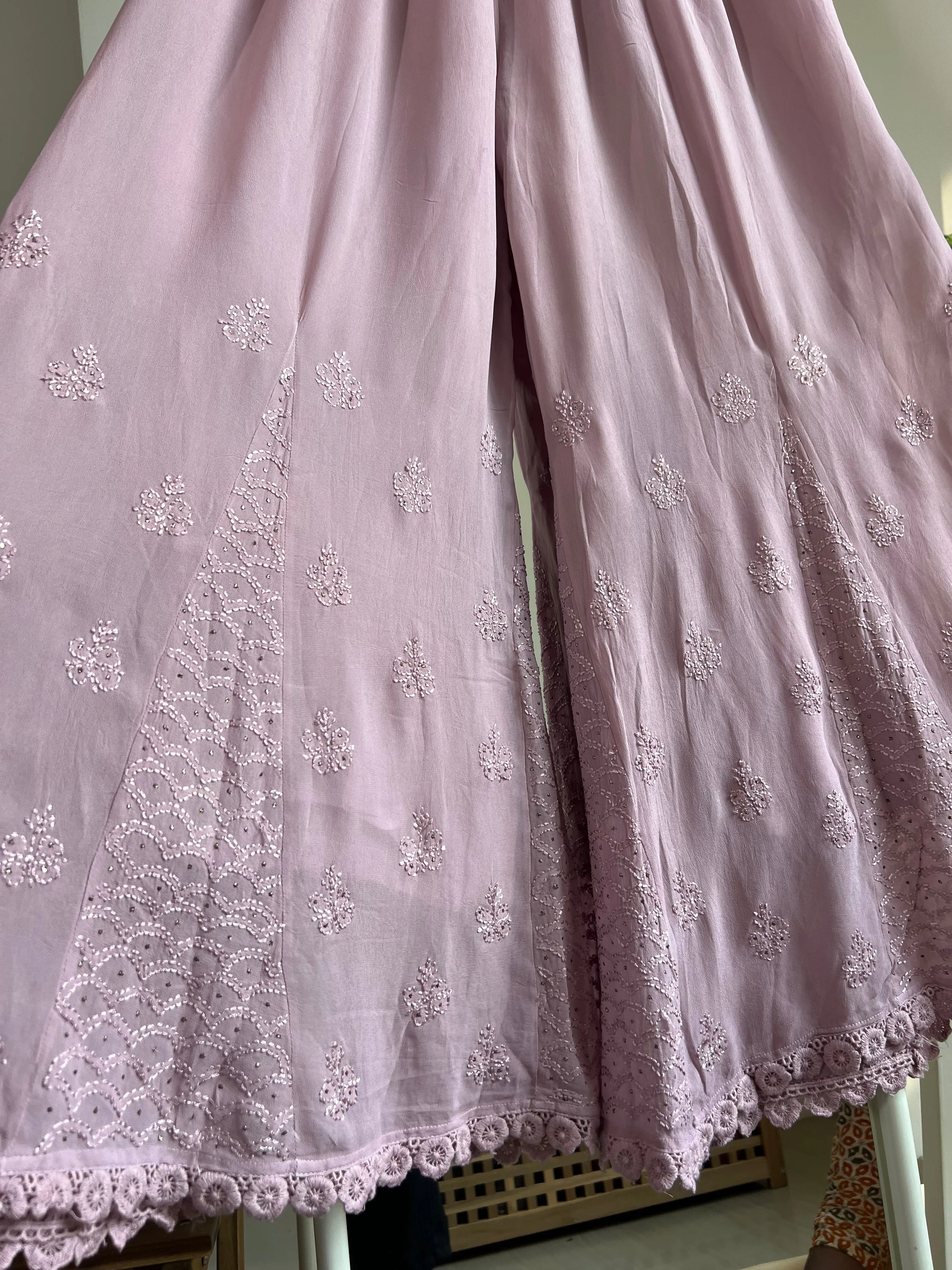 Chikankari Plazzo with mukaish - Flare - Onion Pink