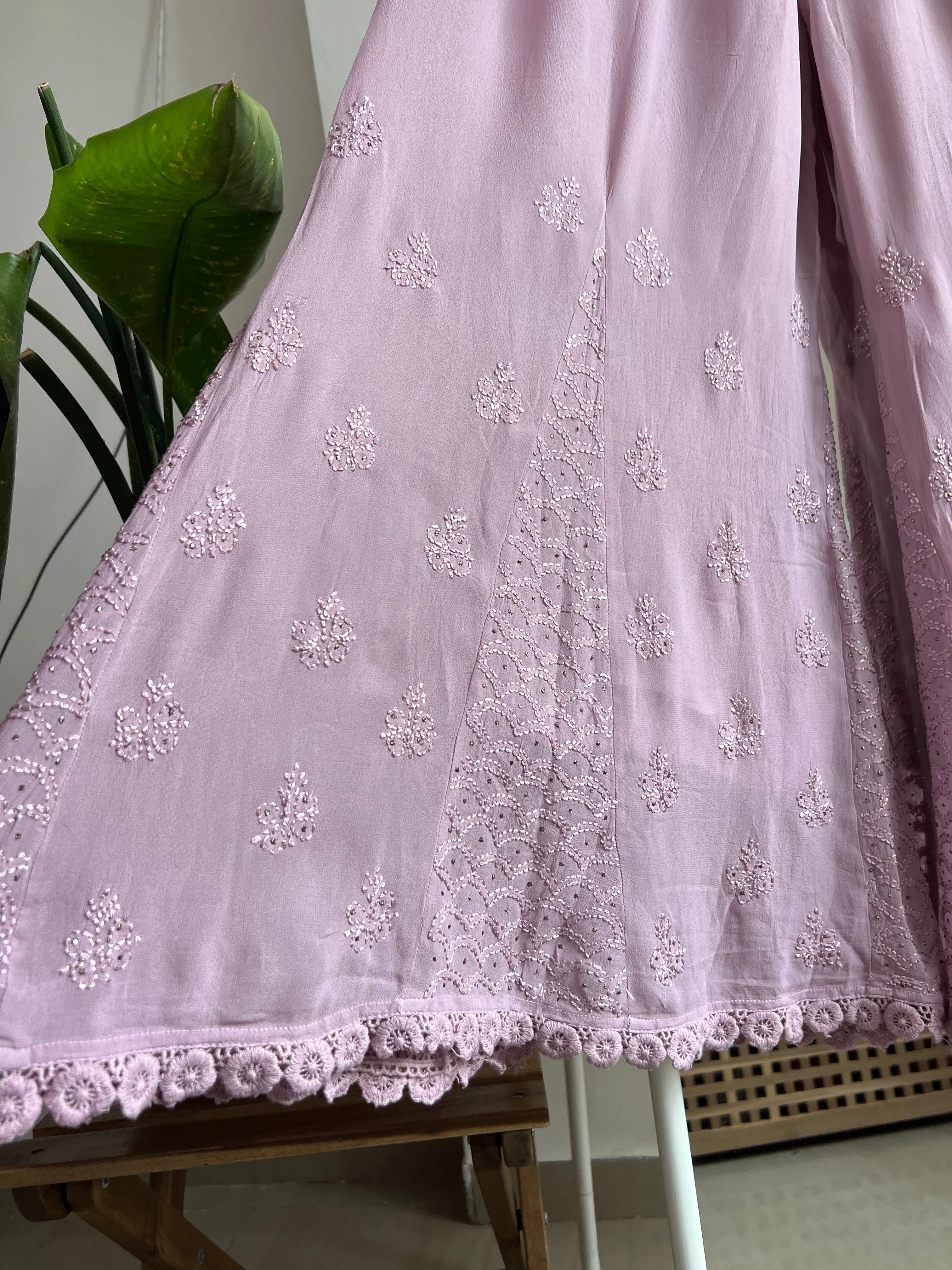 Chikankari Plazzo with mukaish - Flare - Onion Pink