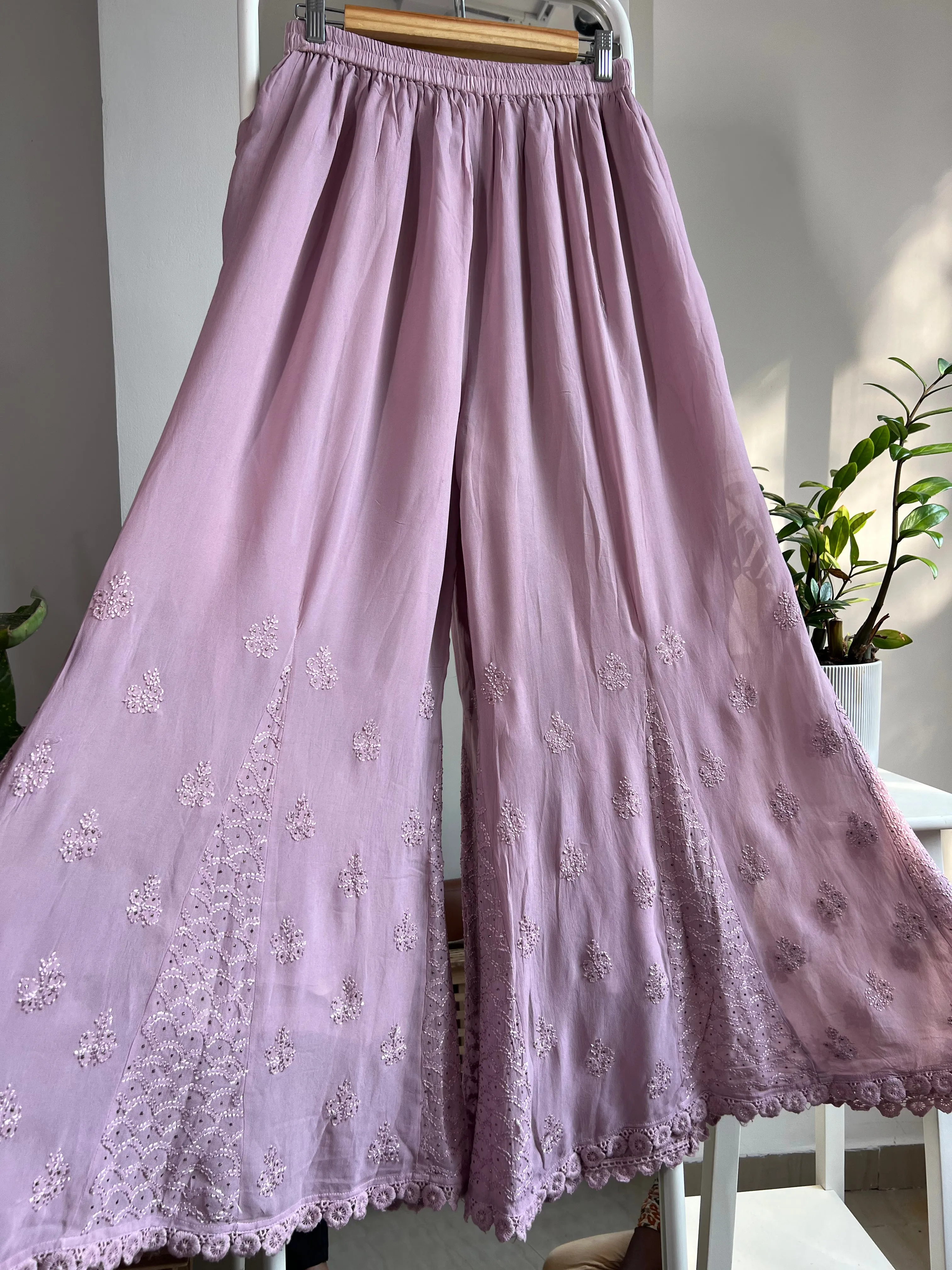 Chikankari Plazzo with mukaish - Flare - Onion Pink