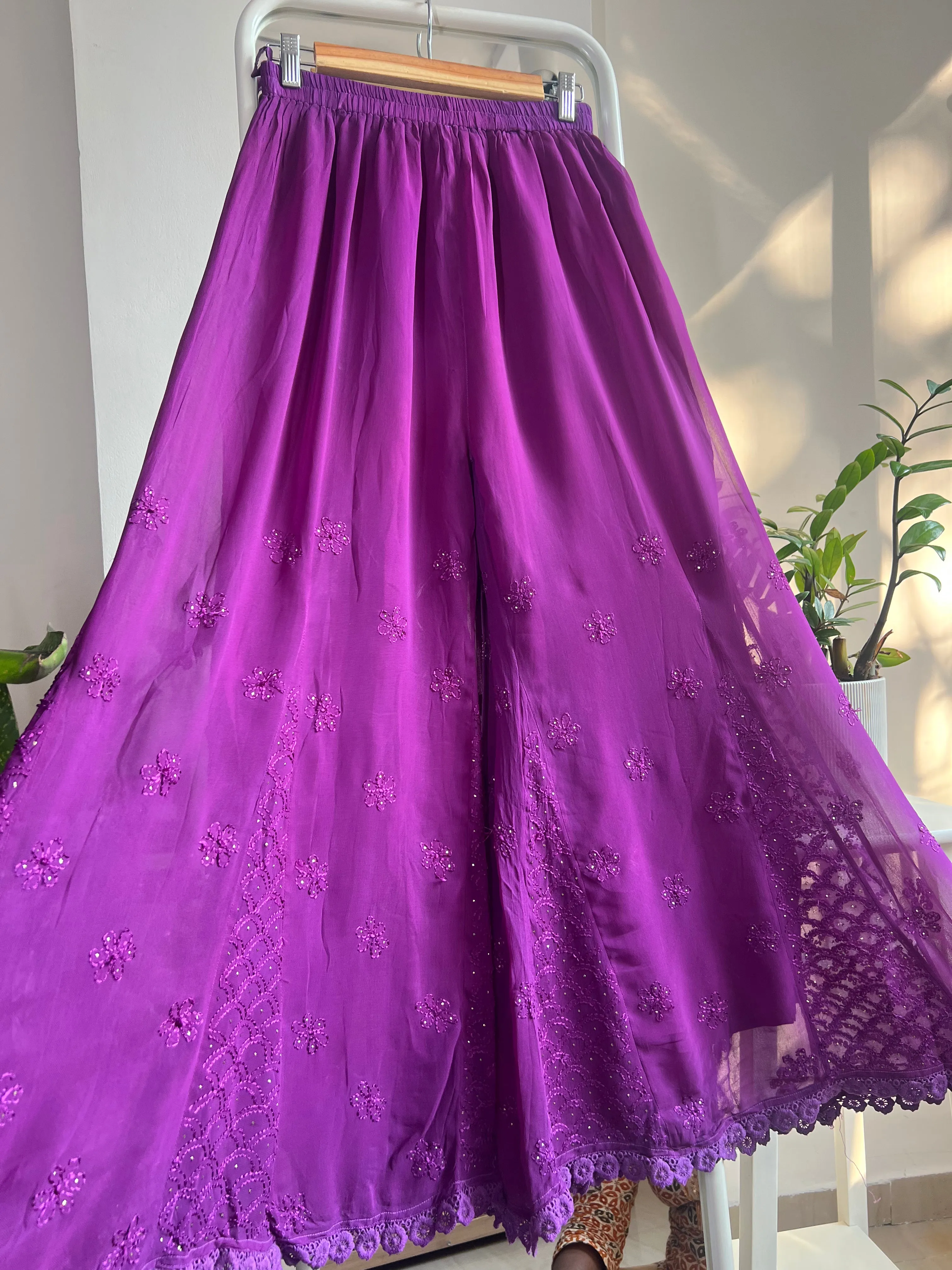 Chikankari Plazzo with mukaish - Flare -  Purple