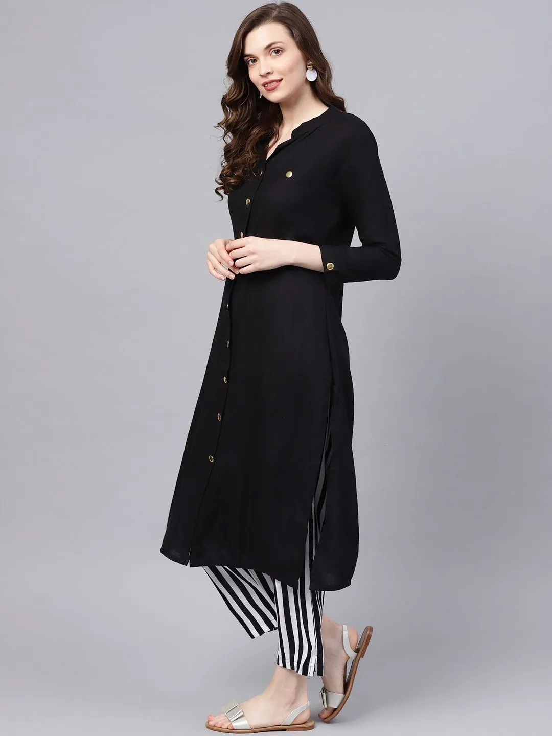 Comfy Black Rayon Solid Kurta Set with Straight Bottom and Mock Button Detailing