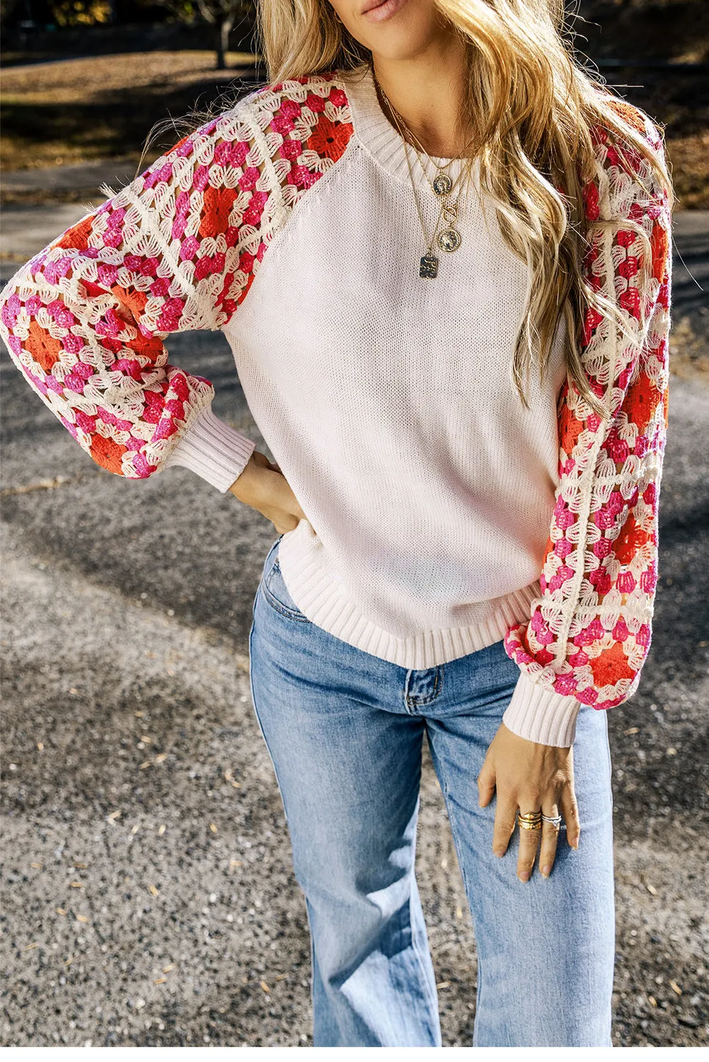 Crochet Puff Sleeve Contrast Knit Sweater