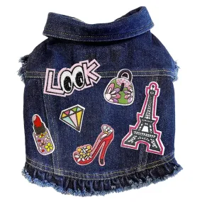 Custom Paris Fashion Denim Dog Jacket With Ruffles