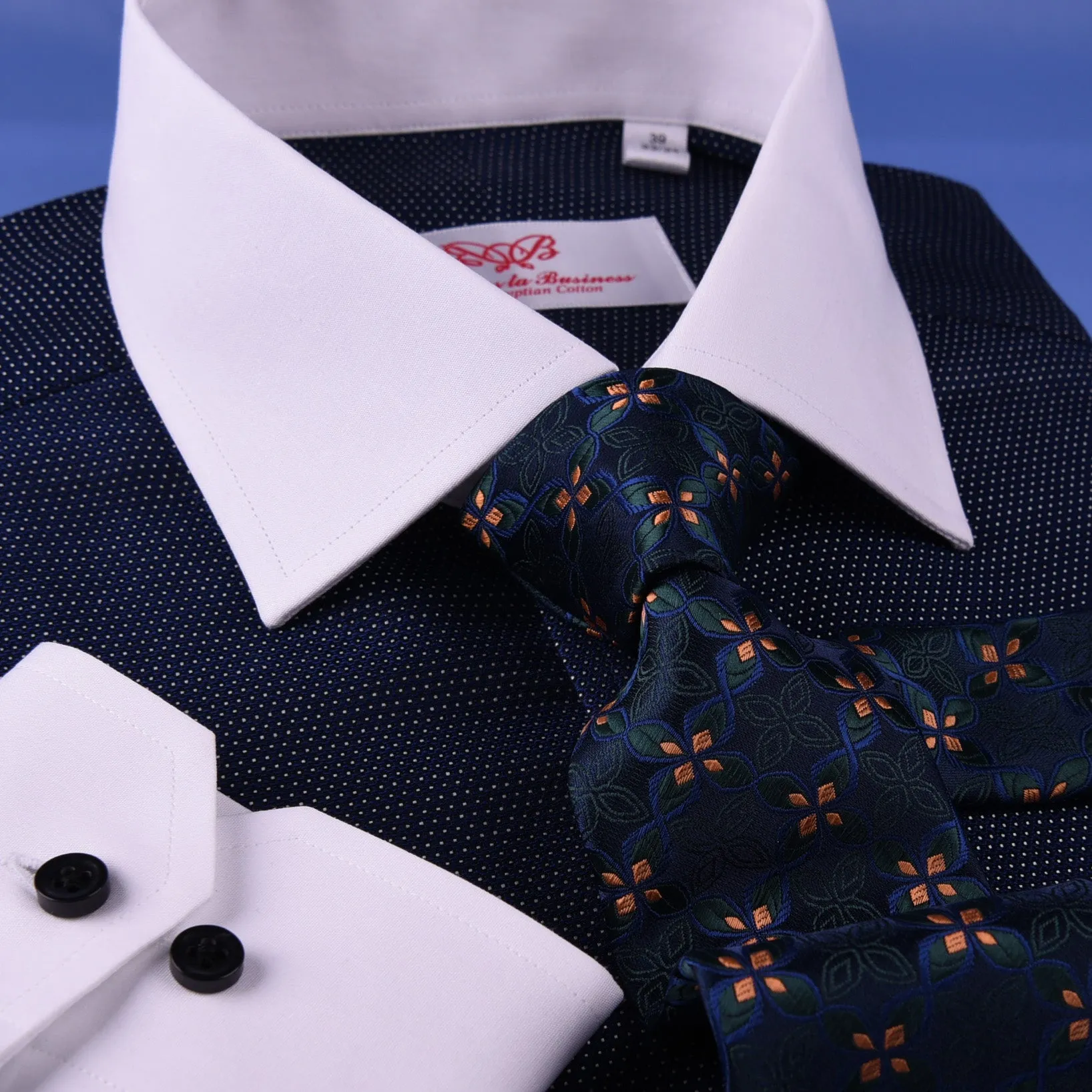 Dark Navy DOT With White Contrast Collar & Cuff For Formal Business Dress Shirt Professional Formal Dress Shirt