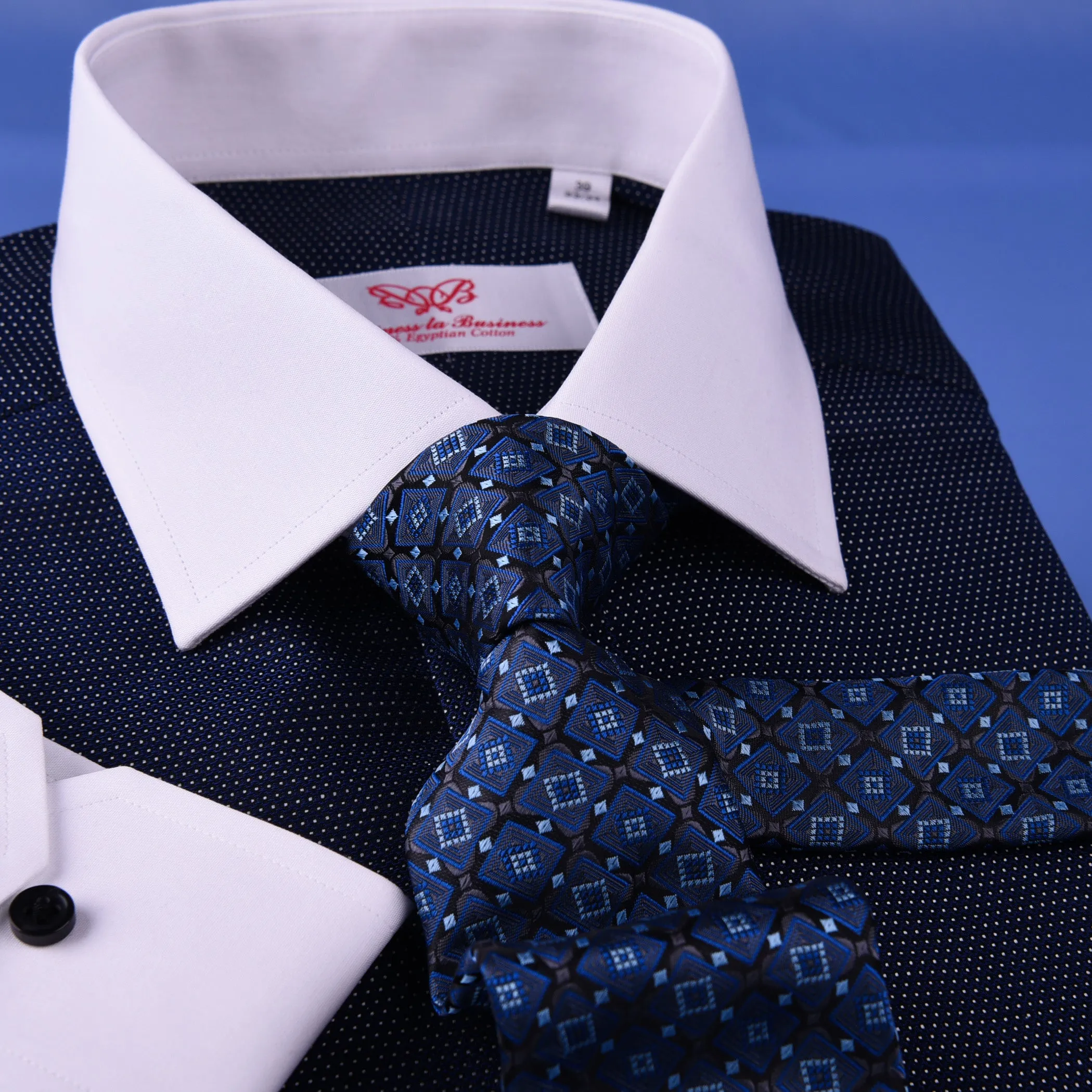 Dark Navy DOT With White Contrast Collar & Cuff For Formal Business Dress Shirt Professional Formal Dress Shirt