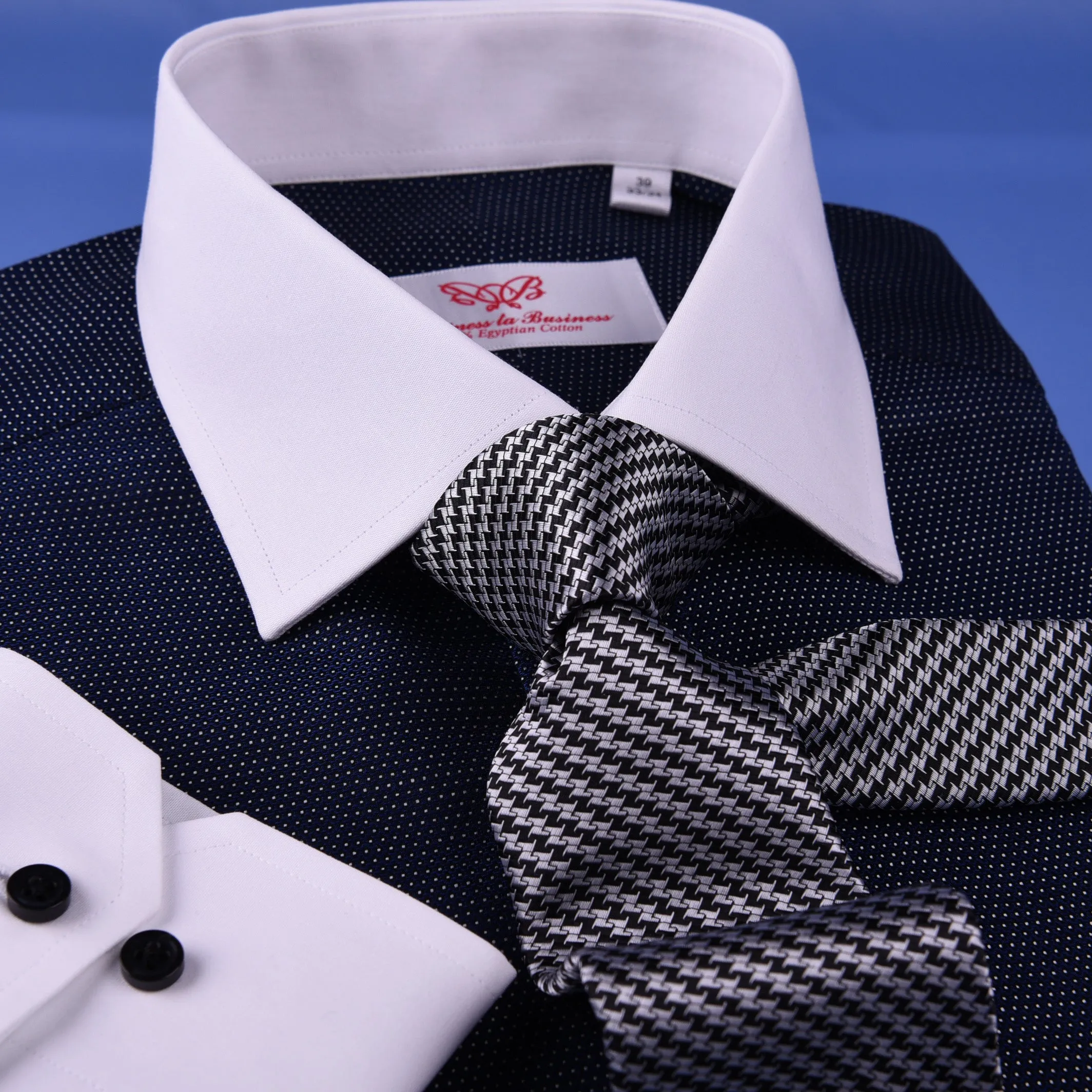 Dark Navy DOT With White Contrast Collar & Cuff For Formal Business Dress Shirt Professional Formal Dress Shirt