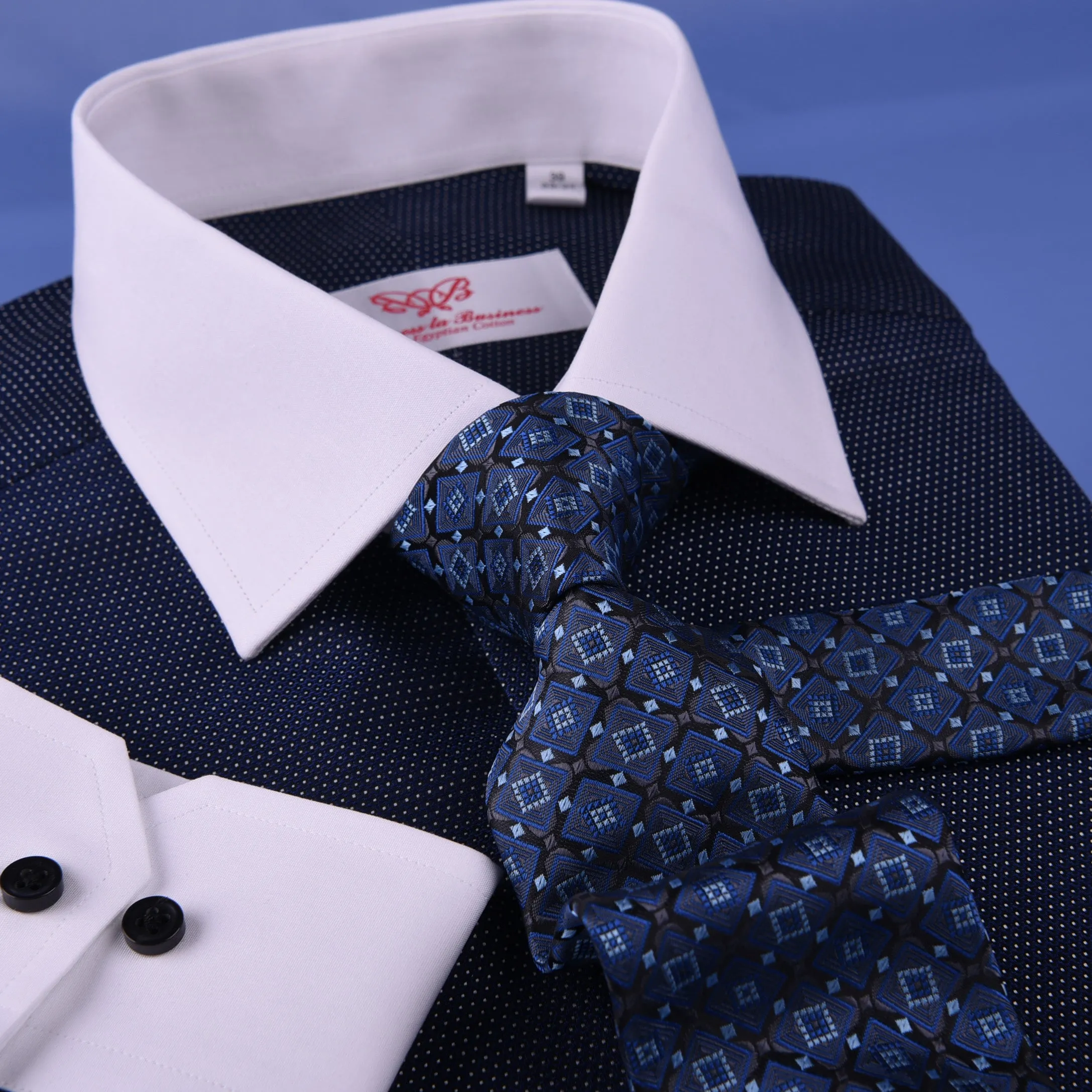 Dark Navy DOT With White Contrast Collar & Cuff For Formal Business Dress Shirt Professional Formal Dress Shirt