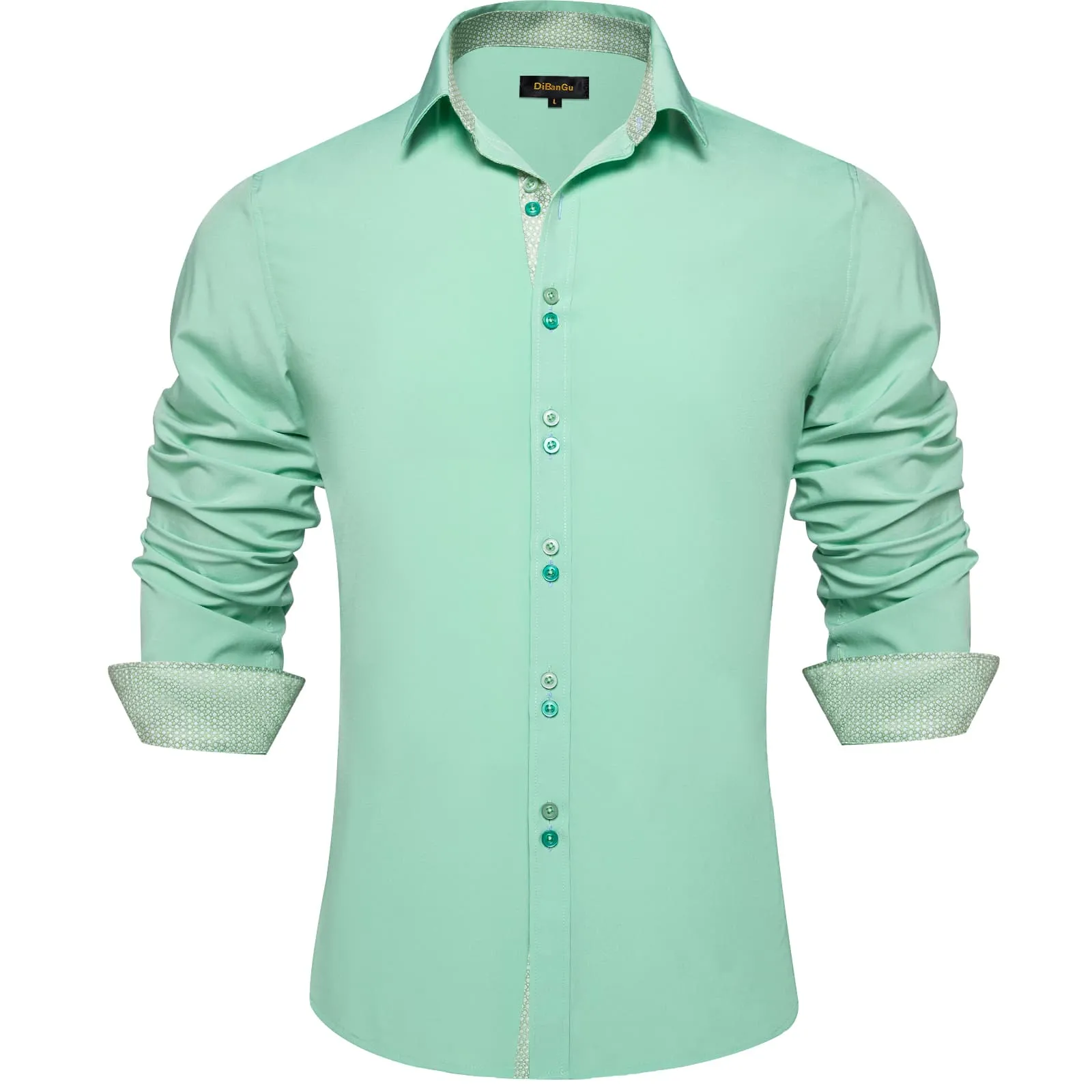 DiBanGu Mens Dress Shirt Solid Mint Green Splicing Silk Button Down Shirt