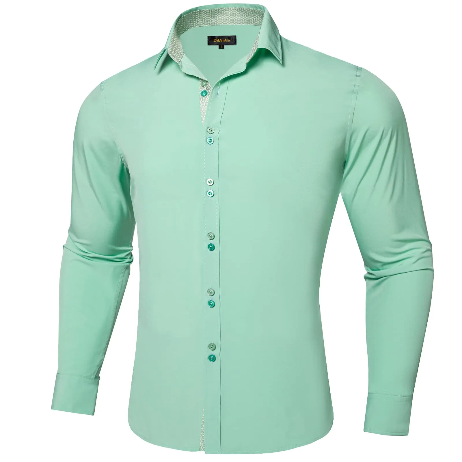 DiBanGu Mens Dress Shirt Solid Mint Green Splicing Silk Button Down Shirt