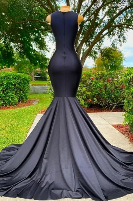 Elegant Long Black Jewel Mermaid Lace Prom Dress with Appliques