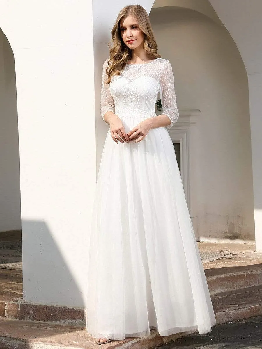 Elegant Round Neckline Tulle Wedding Dresses with Floral Lace