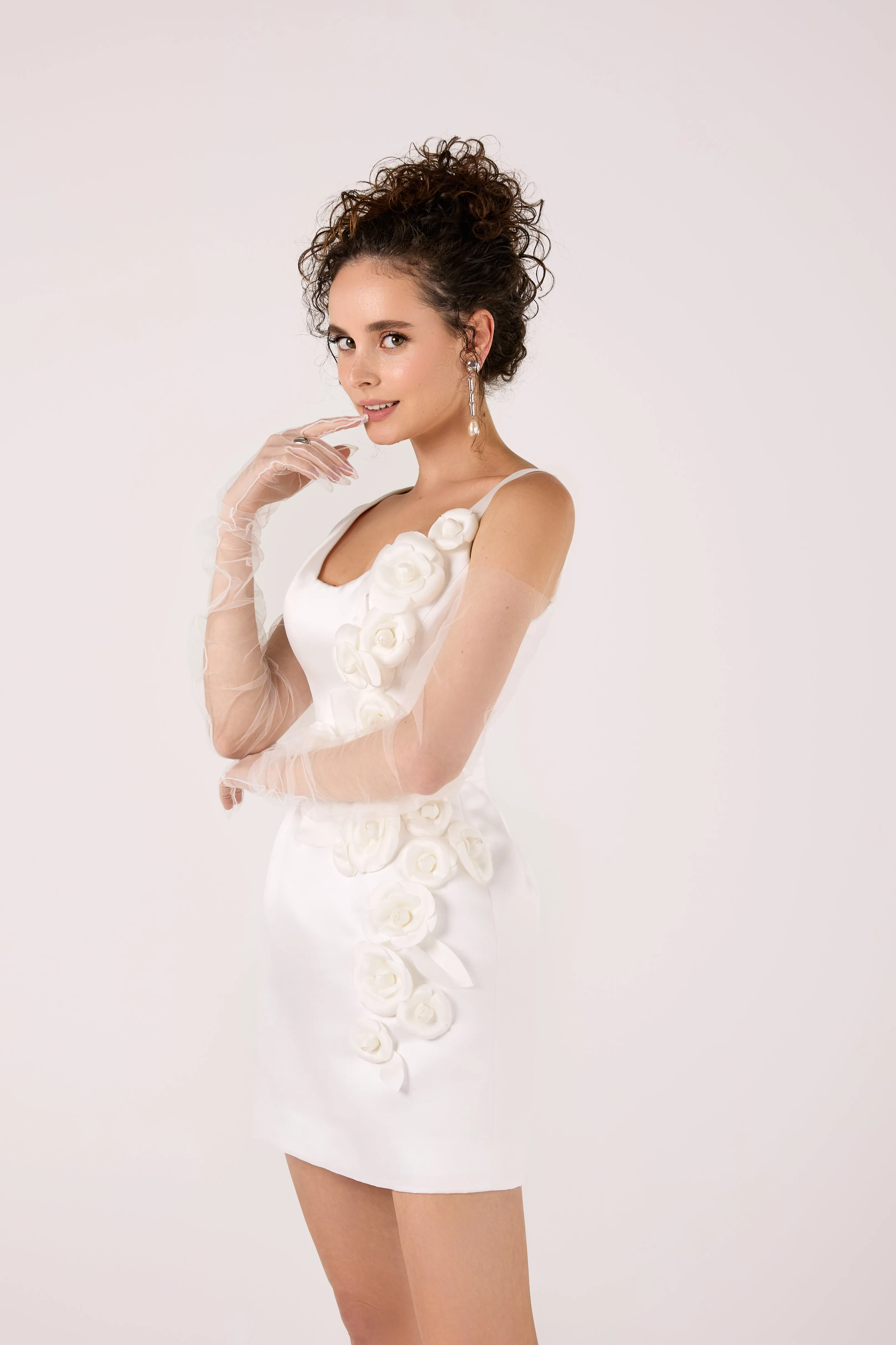 Elegant Satin Mini Wedding Dress with 3D Floral Appliqués