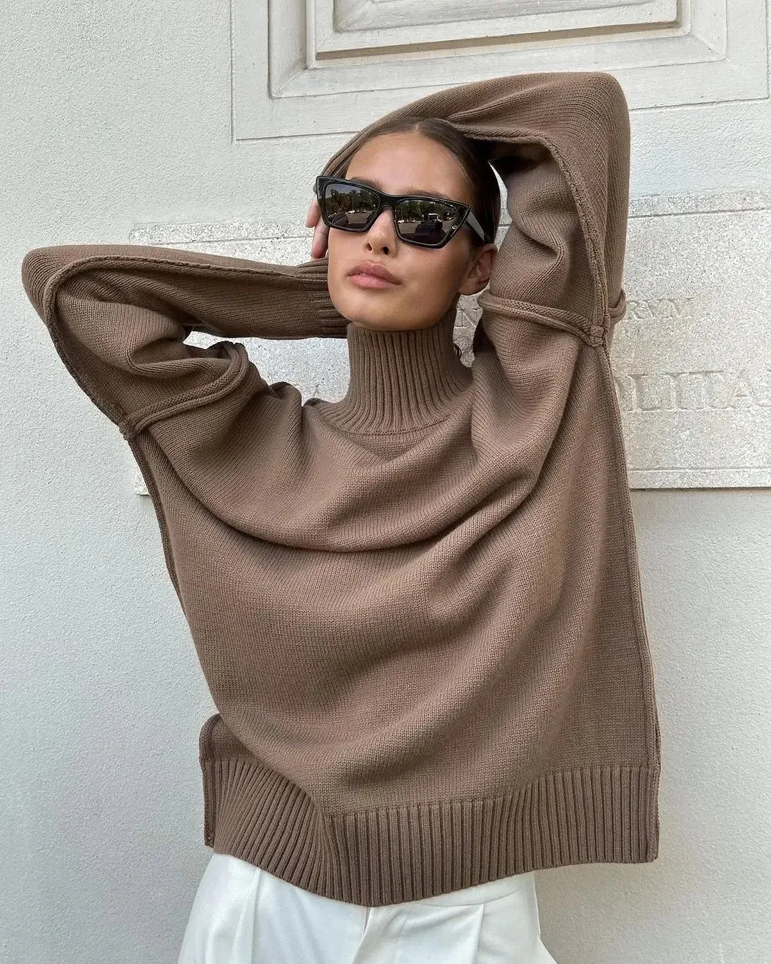 Elegant Solid Turtleneck Knitted Women Casual Long Sleeve Loose Thick Warm Sweater