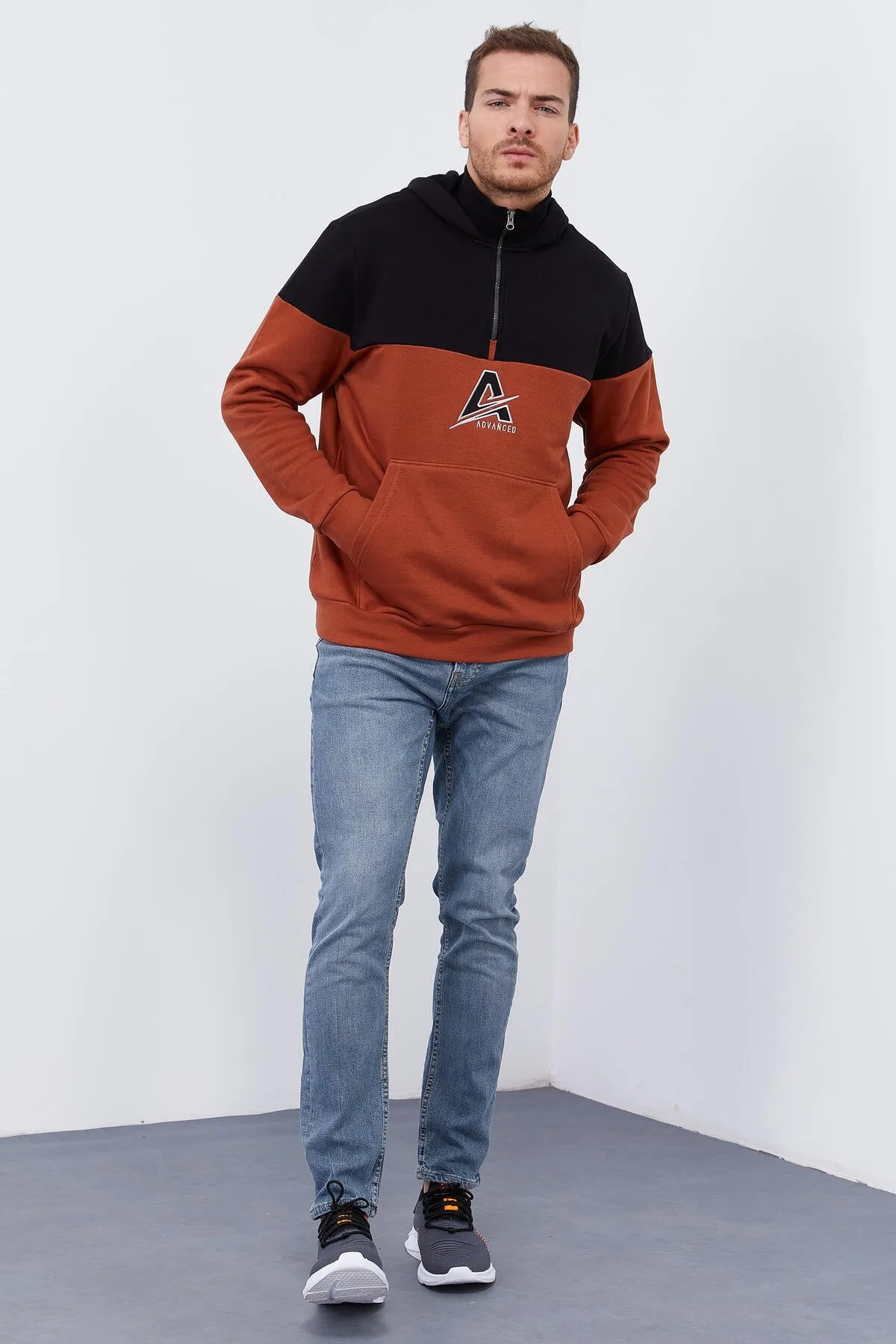 erkek yarim fermuar standart kalip kapüşonlu sweatshirt - 88033