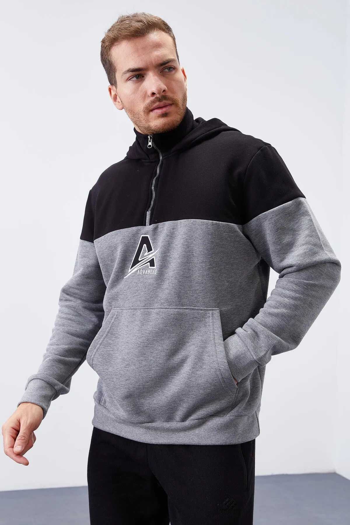 erkek yarim fermuar standart kalip kapüşonlu sweatshirt - 88033