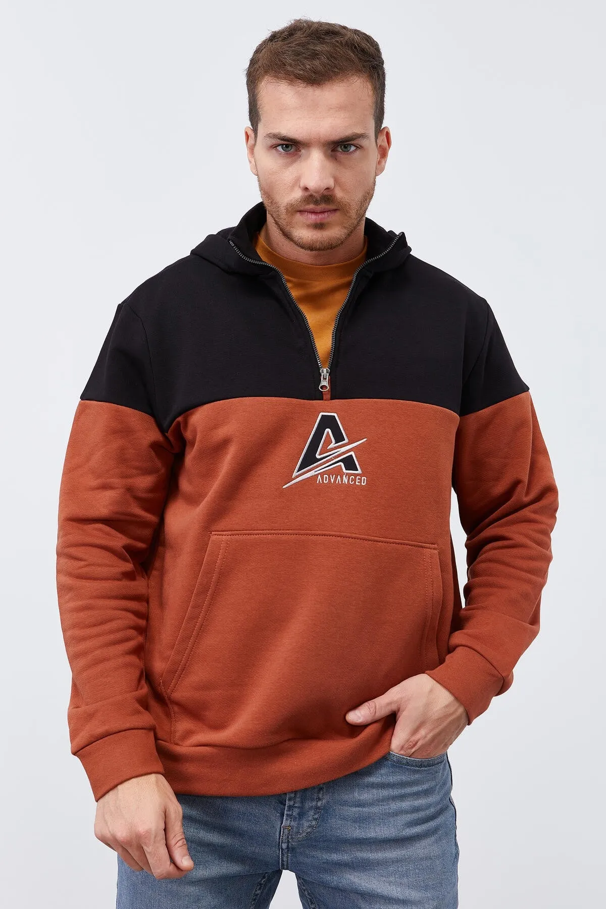 erkek yarim fermuar standart kalip kapüşonlu sweatshirt - 88033