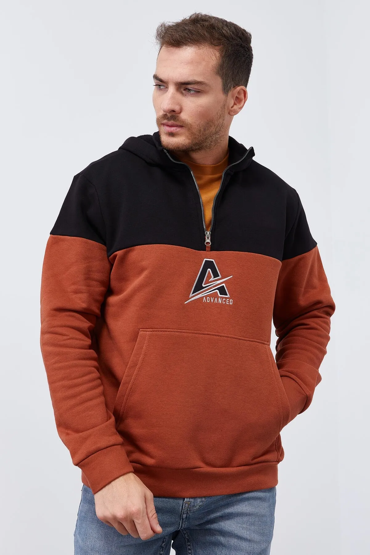 erkek yarim fermuar standart kalip kapüşonlu sweatshirt - 88033