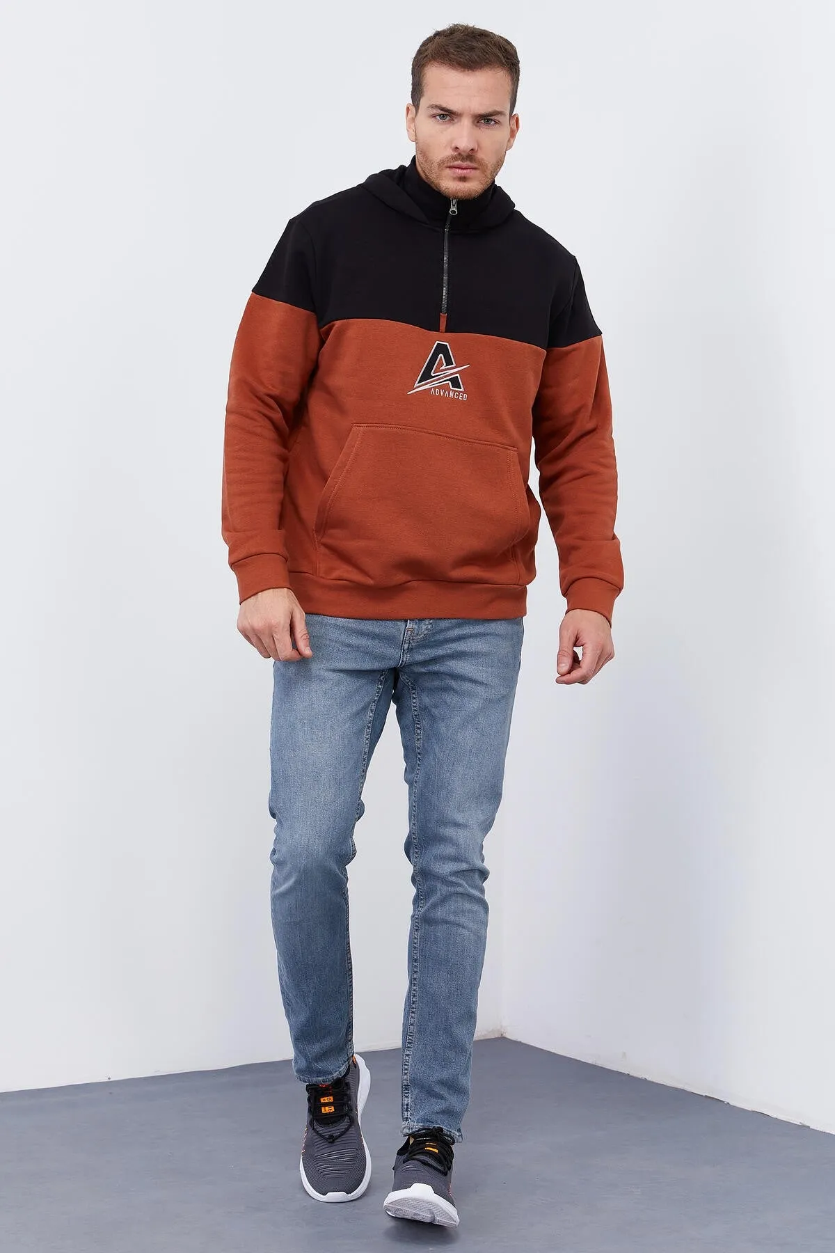 erkek yarim fermuar standart kalip kapüşonlu sweatshirt - 88033