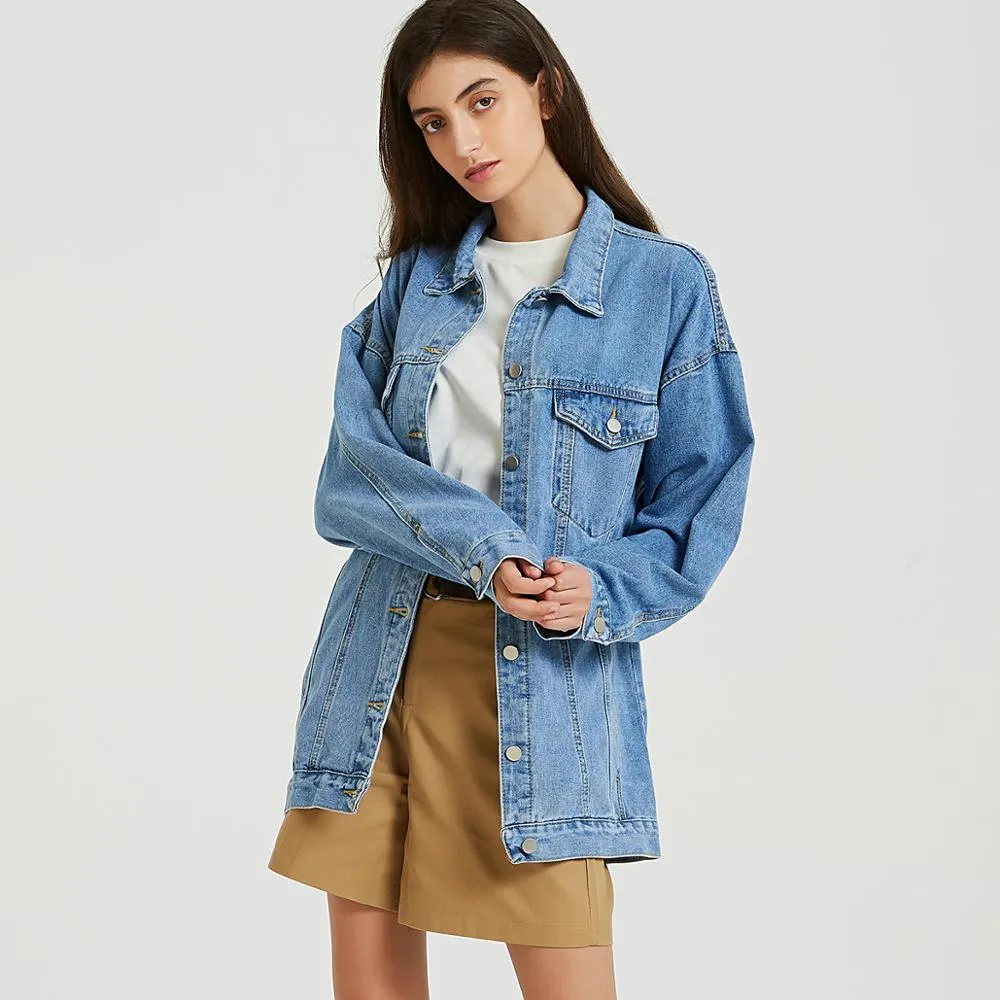 FashionSierra - Solid Turn-down Collar Classic Blue Jean Jackets