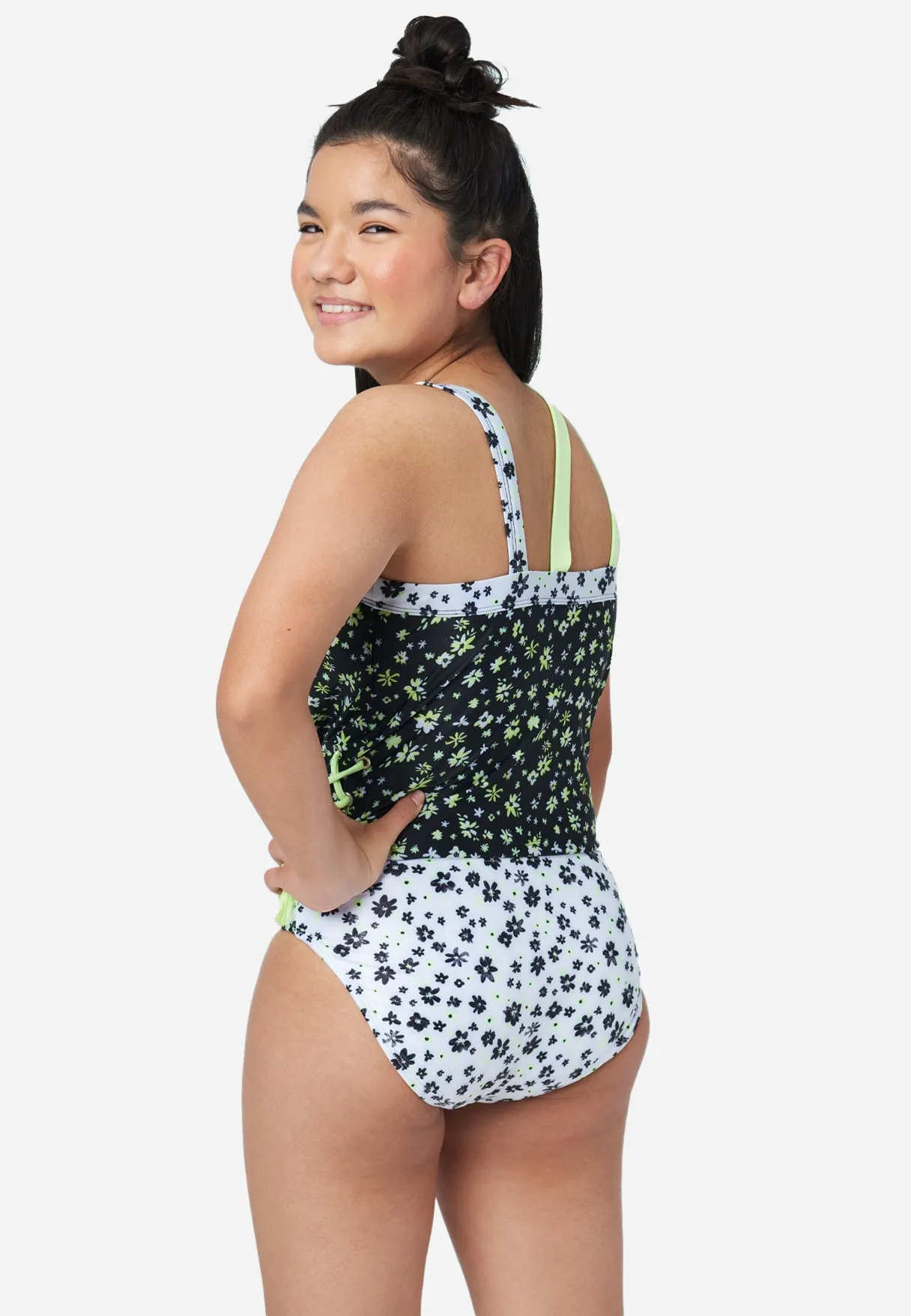 Floral Lace-Up Asymmetric Tankini Swim Set