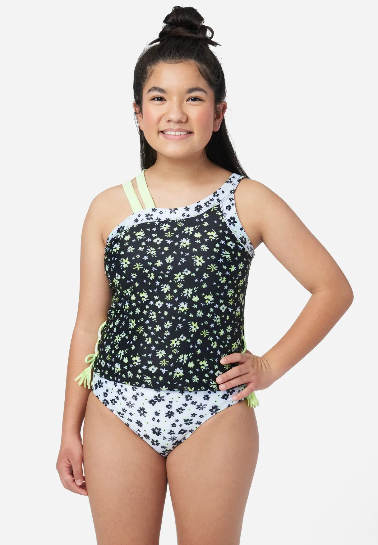 Floral Lace-Up Asymmetric Tankini Swim Set