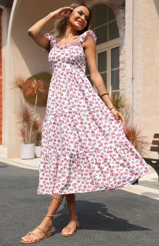 Floral Romantic Tiered Ruffle Backless Cami Maxi Dress