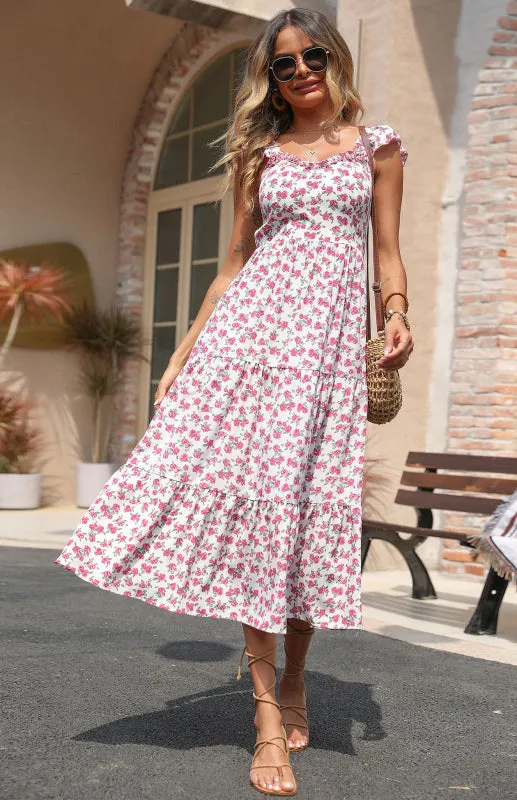 Floral Romantic Tiered Ruffle Backless Cami Maxi Dress