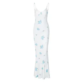 Flower print contrast v neck ruched cami maxi dress